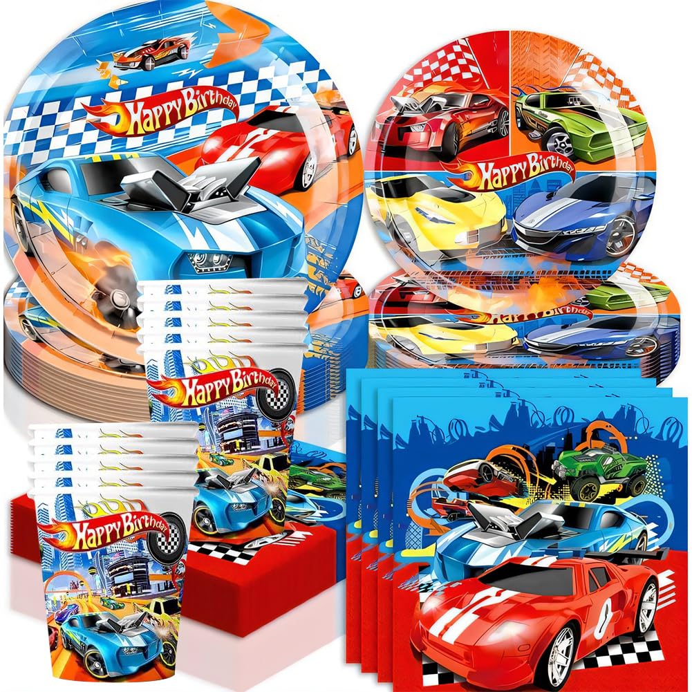 Racing Hot Car Birthday Tableware, 80PCS Racing Car Party Tableware Set, Suitable for Theme Birthday Party Decorations for 20 People