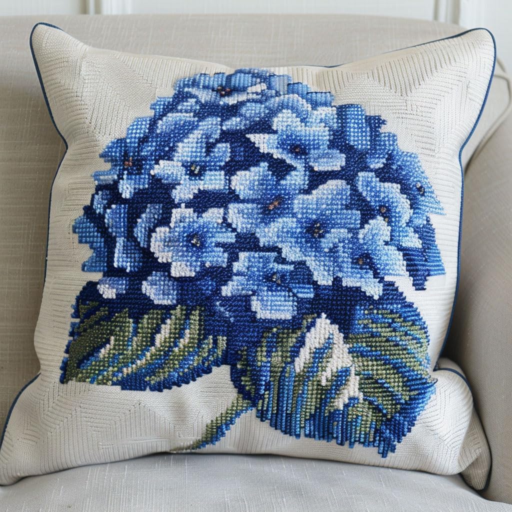 Walluminati 11CT Stamped Cross Stitch Pillow Kits, Beautiful Hydrangea Embroidery Pillow Cases Stamped Embroidery Kit Cross Stitch Pillow Cases Handmade Cushion Cover for Home Decor 18x18inch
