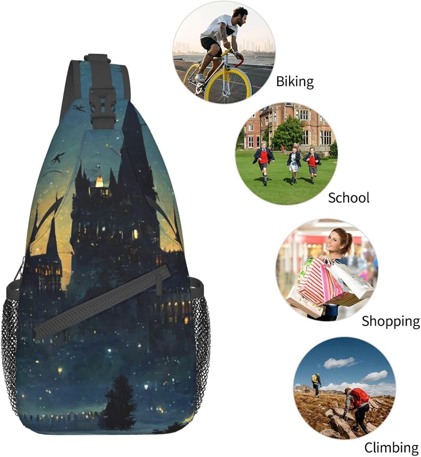 Wizard Castle Halloween Goth Sling Bag Crossbody Backpack for Women Men Hiking Travel Bag Pouch Small Daypack Casual Pack Cross Chest Bag Outdoor