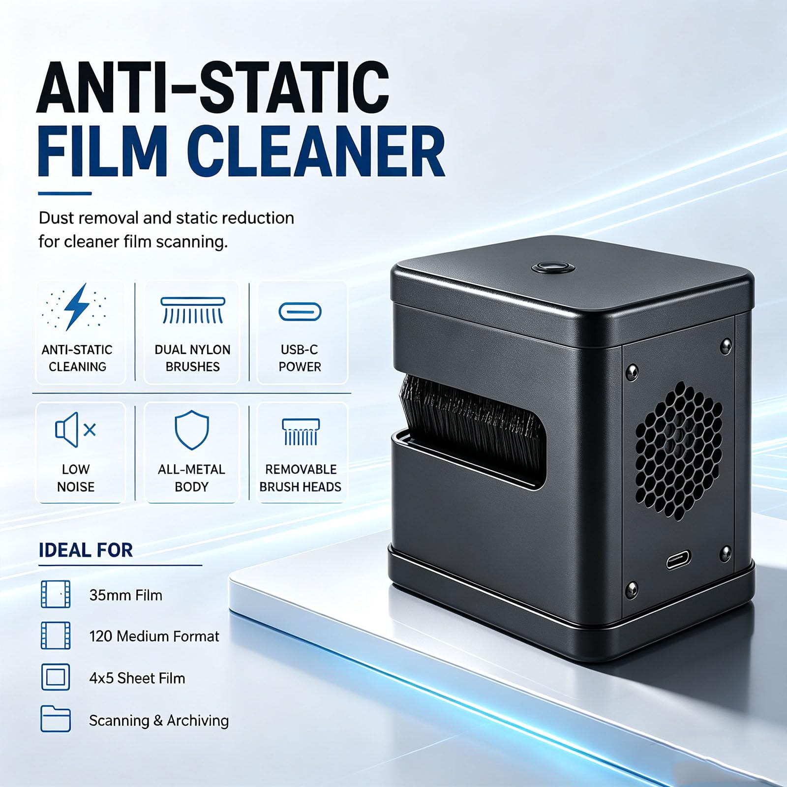 Removedor Eléctrico De Polvo De Película, Limpiador Electrostático De Polvo De Película, Filas De Cerdas Extraíbles, Eliminación De Polvo Y Electricidad Estática, Para Limpieza De Escaneo De