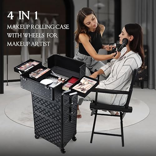 Vista 10 de Adazzo Maleta de maquillaje 4 en 1 con ruedas para cosméticos, caja de tecnología de uñas para artistas de maquillaje, estilistas, estuche de Negro