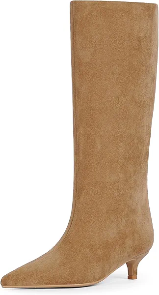 VIUGJNEX Knee High Boots Women Slip on Low Kitten Heel Tall Boots Pointed Toe Long Fall Boots for Women