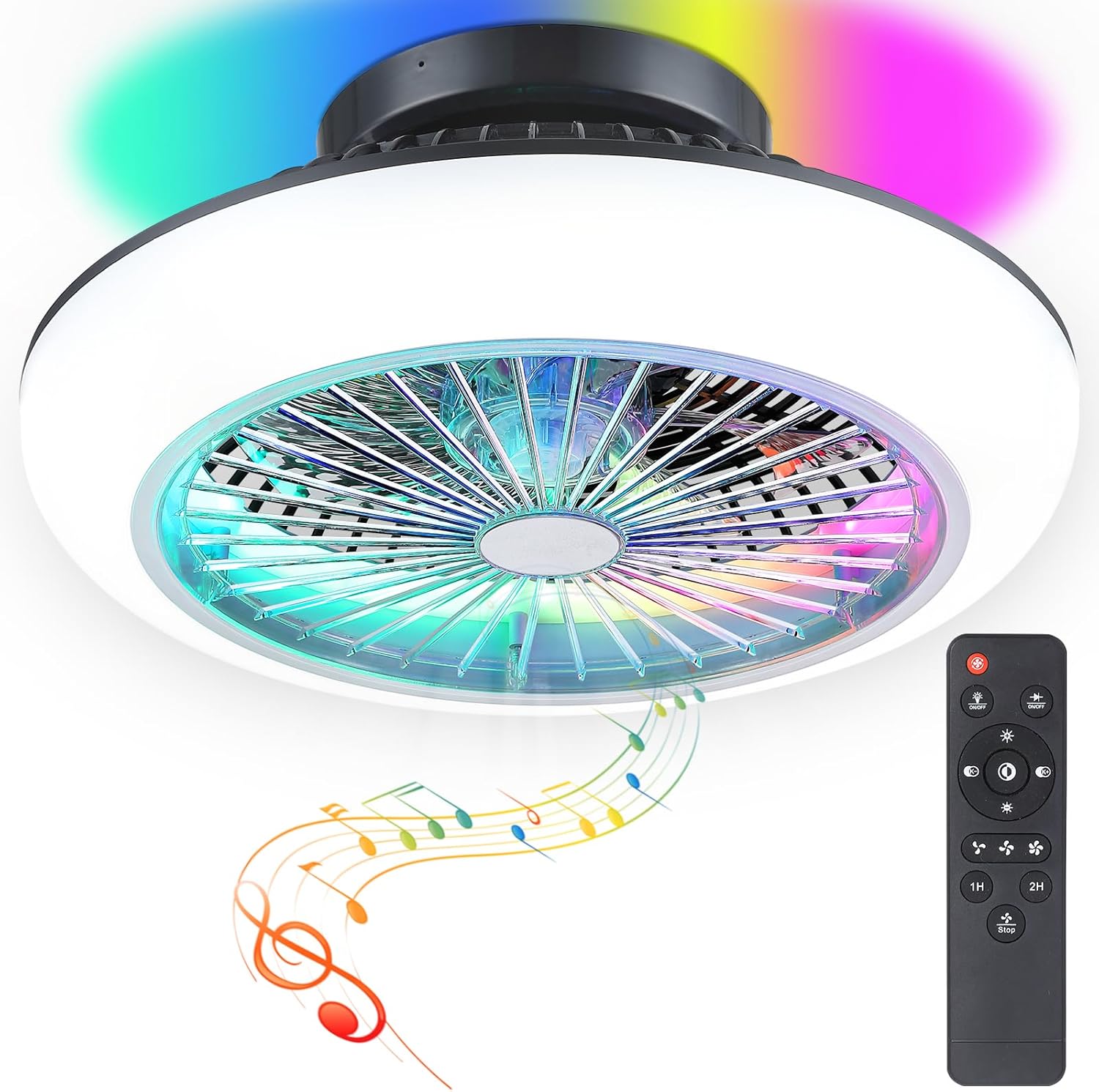 Surtime Bladeless Enclosed Ceiling Fans with Lights and Remote Control,20" Low Profile Flush Mount Ceiling Fan,Built-In 7 Color RGB Lights and Music Playback Design for Bedroom Small Spaces 20IN RGB
