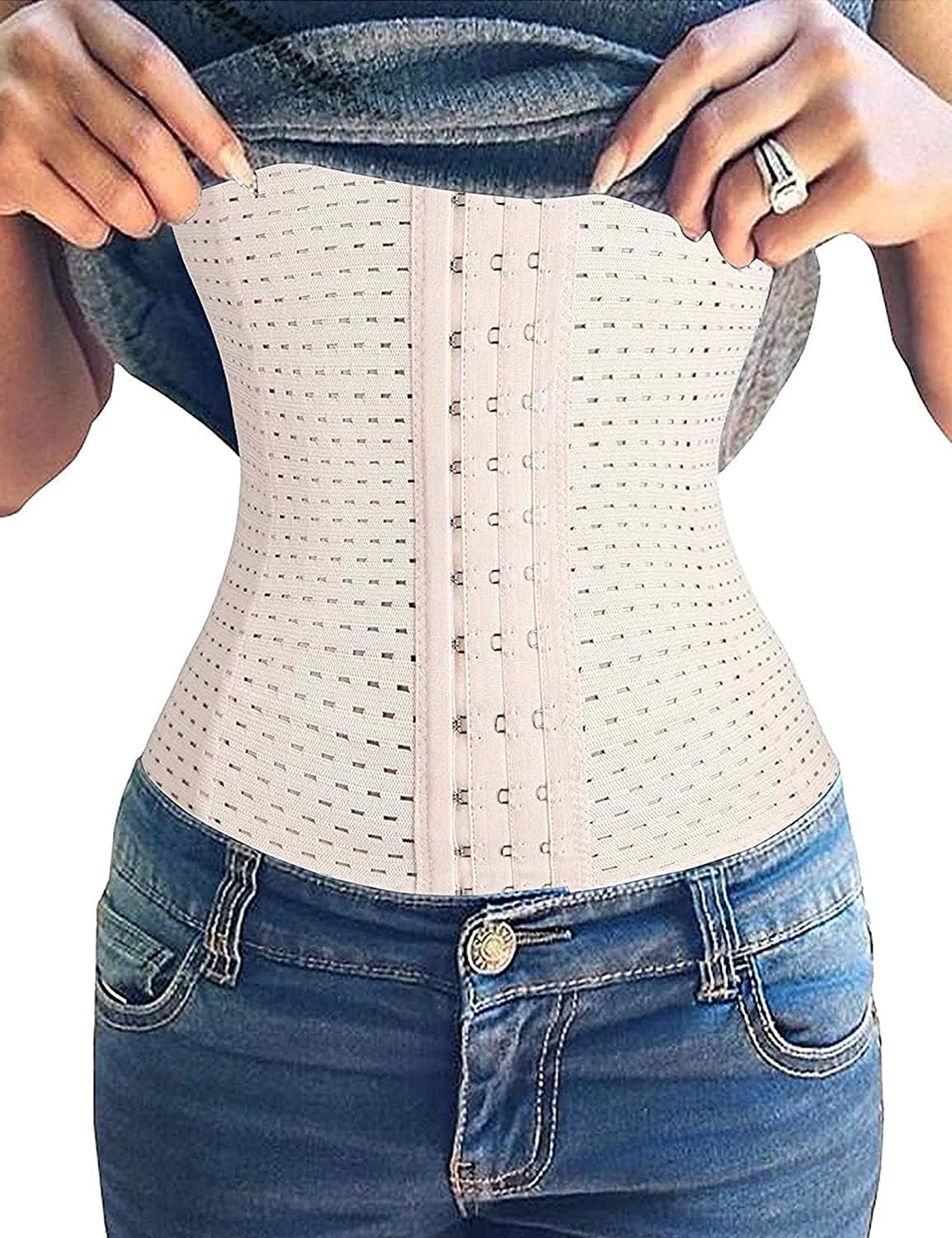 HSR Women's Waist Trainer Corset for Everyday Wear Steel Boned Tummy Control Body Shaper with Adjustable Hooks, Beige, L