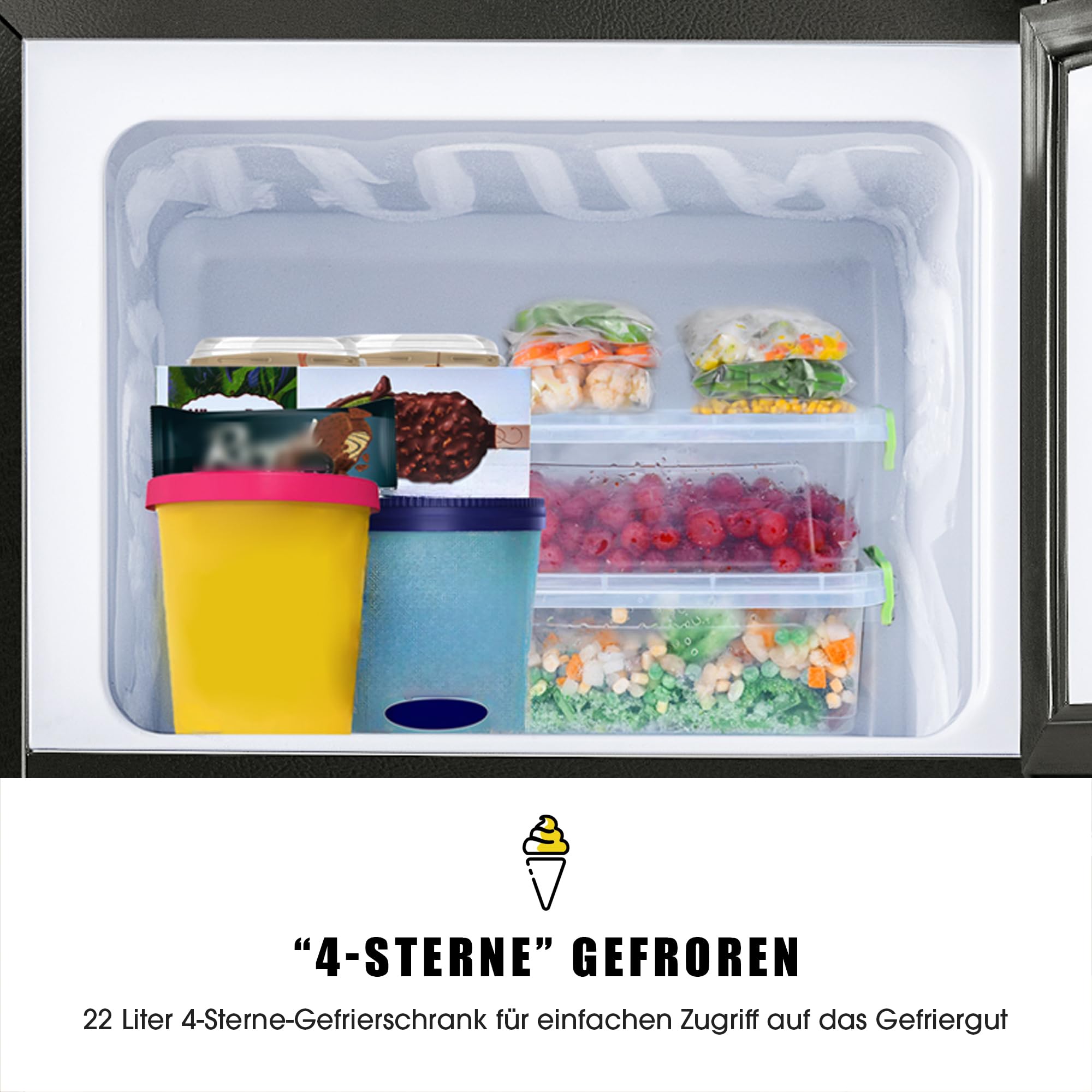 Kompaktowa lodówka z zamrażarką 60L, mała dwudrzwiowa wolnostojąca 86x45cm, chłodziarka 38L + zamrażarka 22L, klasa E 102 kWh/rok, -27°C do 13°C, 45 dB, LED, czarna elegancka
