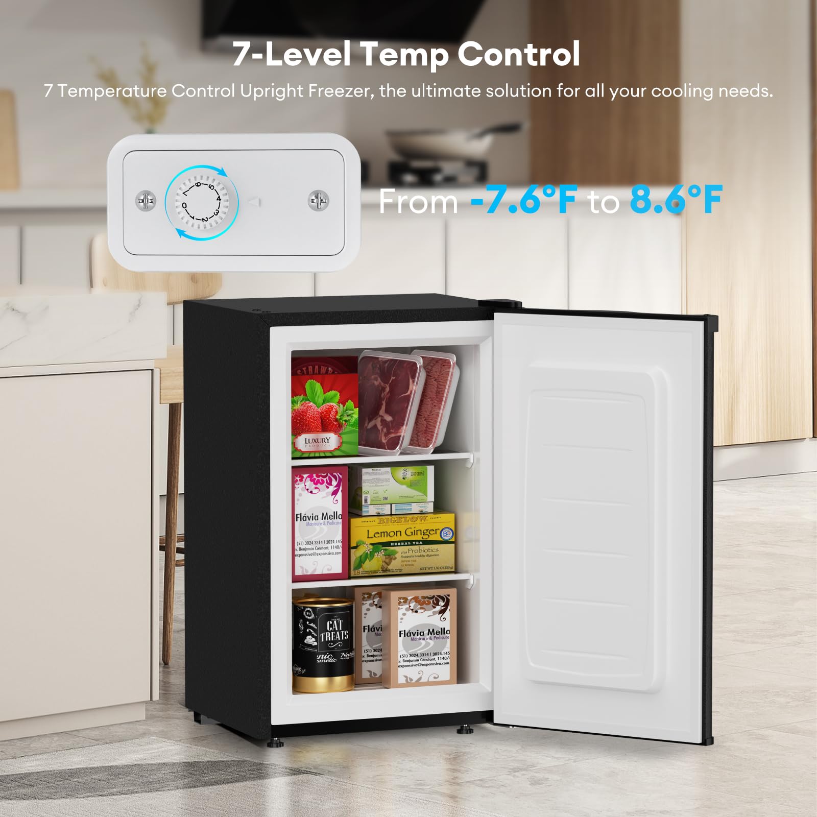 Tabu 3.6 Cu Ft Upright Freezer, Compact Mini Freezer With 7 Adjustable Temperatures & Removable Shelves, Reversible Stainless Steel Door, Freestanding, Black on Fridge.com - View 3