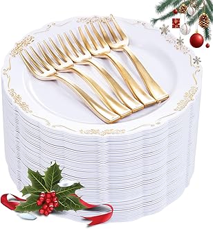 LIYH 100pcs Gold Dessert Plates and 100pcs Gold Plastic Forks,White Appetizer...