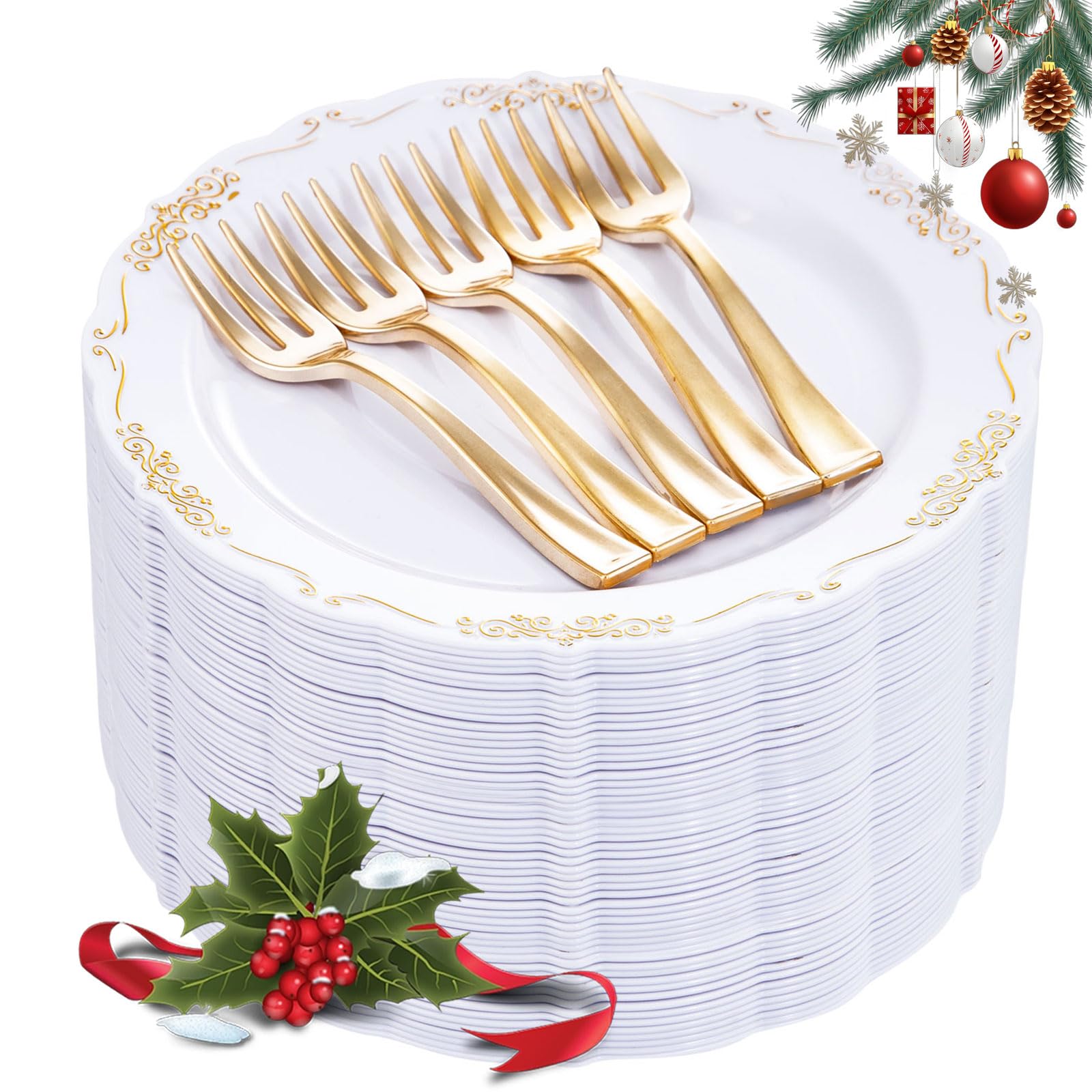 LIYH 200 Pcs Gold Dessert Plates,100 Pcs Appetizer Plates 7.5" and 100 Pcs Gold Plastic Forks 5",Cake Plates,Disposable Salad Plate Wedding Cake Plate Forks Perfect for Parties,Birthdays,Wedding