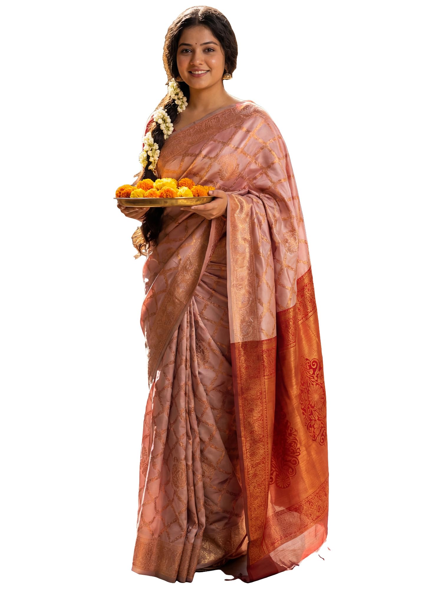 akhilam Women's Kanjivaram Woven Soft Silk Saree With Blouse Piece-picture-13