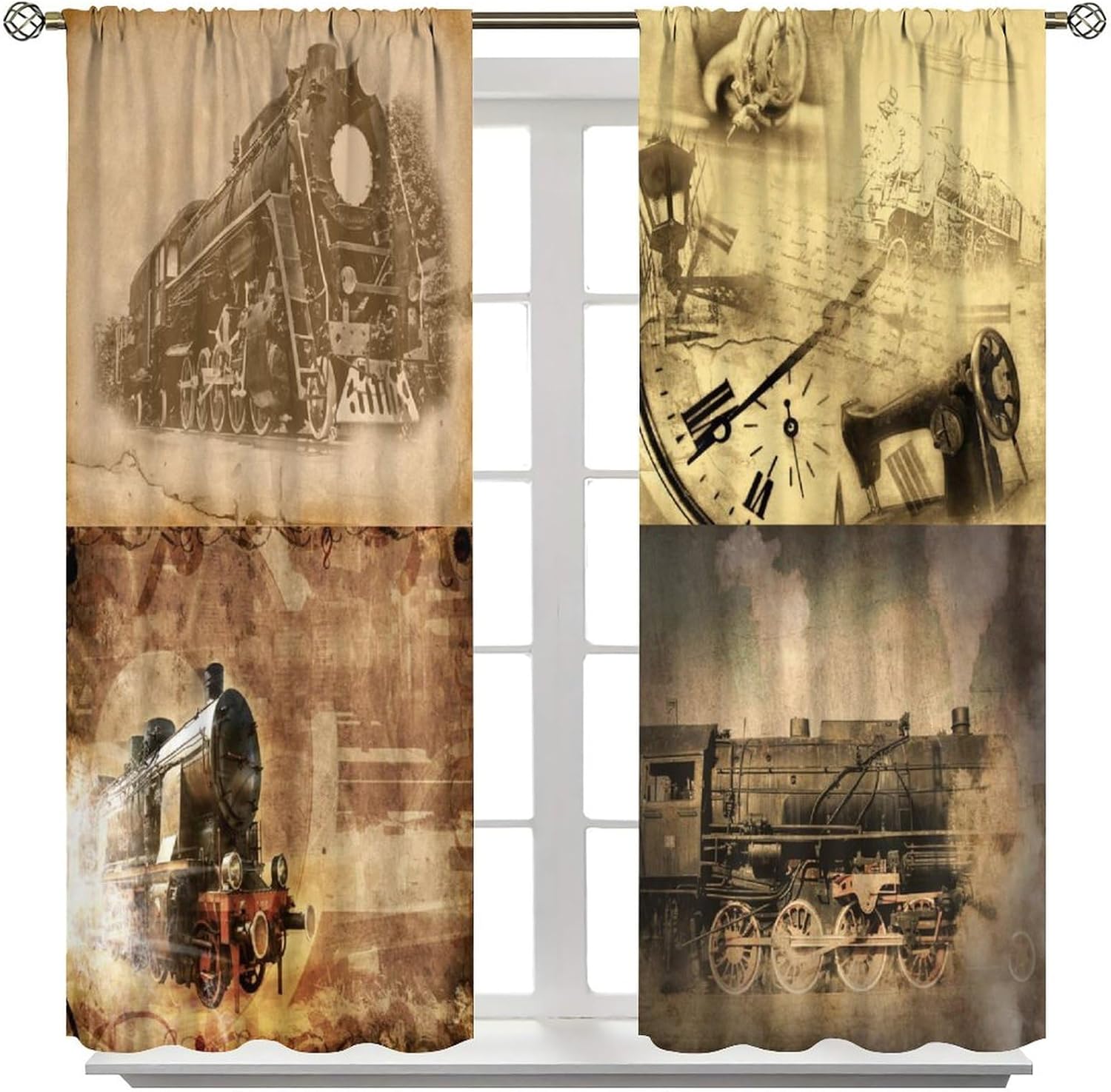 Old Train Curtain,Retro Steam Antique Train Railways Patchwork Pattern Window Treatment Curtains Bedroom Dining Room Living Room Kitchen Cafe Office Drapes, 42x63 in