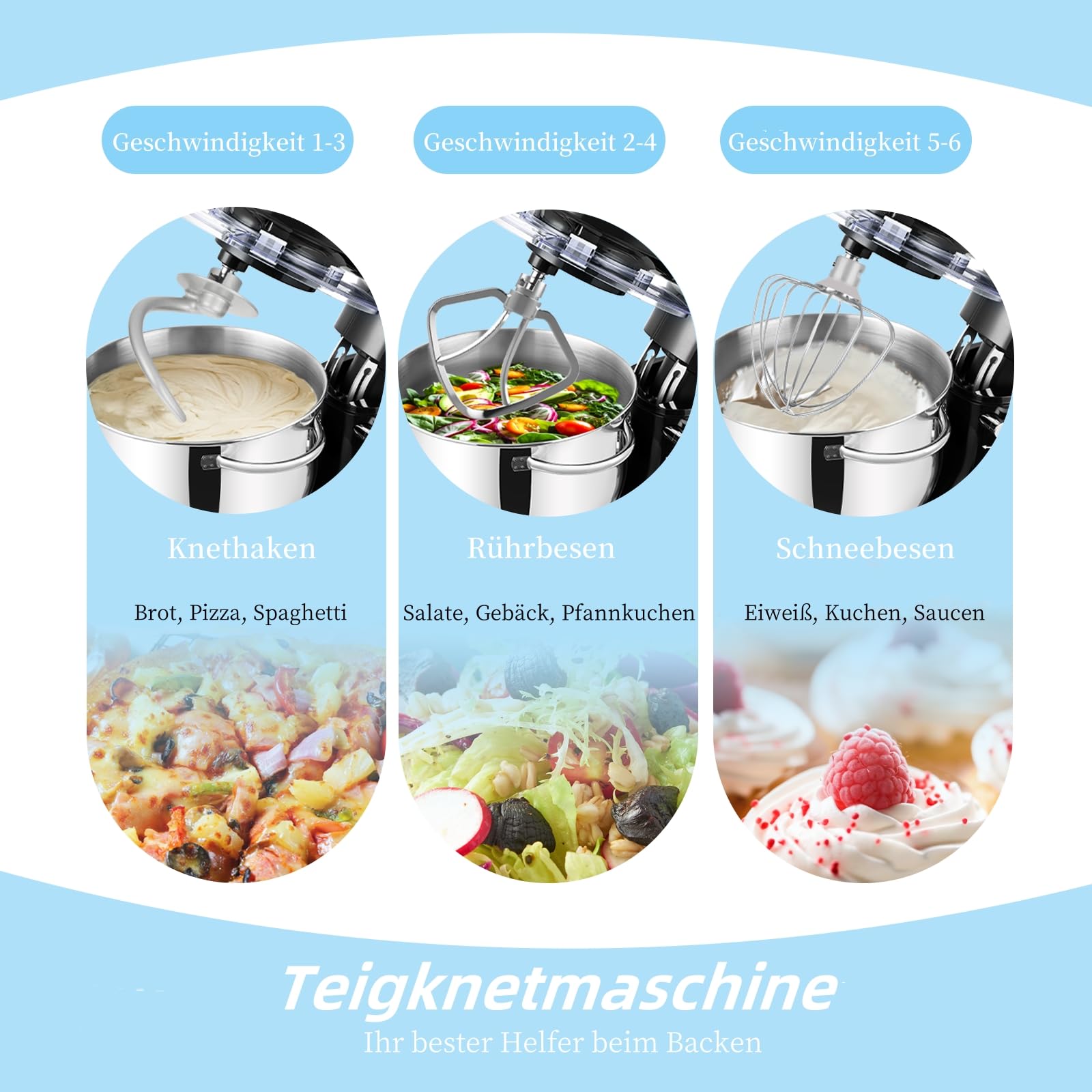 Kitchen in the box Küchenmaschine, 6,2 L Knetmaschine 1400 W, 6 Geschwindigkeits Teigmaschine mit Rührhaken, Knethaken, Schneebesen, Schwarz