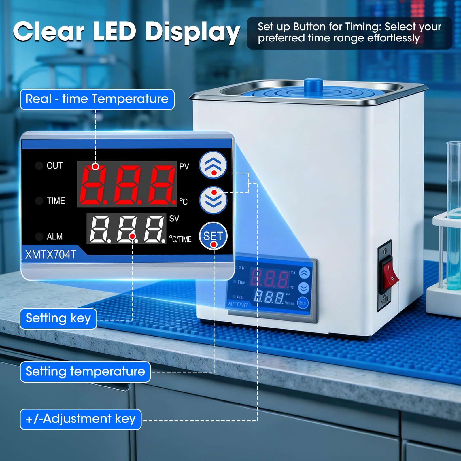 Digitales Labor Wasserbad 3,5L, 300W, Edelstahl Präzises Thermostat ±0,1°C & Timer, LED Display, Trockengehschutz, ideal für Labor & Forschung