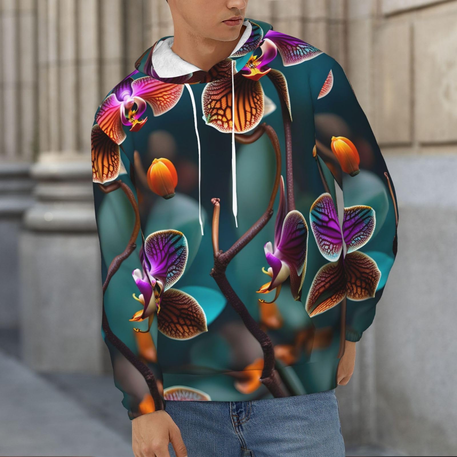 Męska bluza z kapturem z nadrukiem morskiej i pomarańczowej orchidei, casualowa grafika z nadrukiem bluzy z kapturem z kieszenią