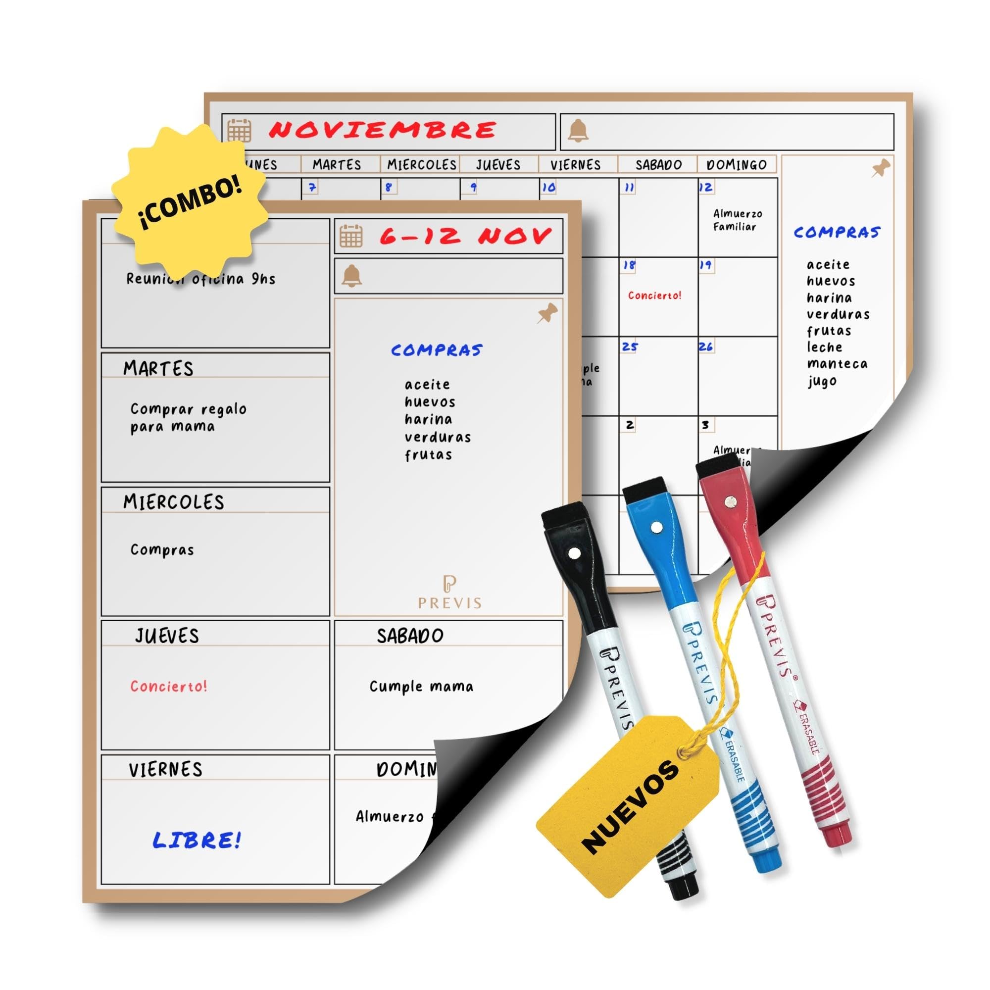 Previs Pack Calendario Magnético Mensual + Planificador Semanal Magnético para Nevera y Escritorio A3 (30x40CM) - Organizadores con Imán