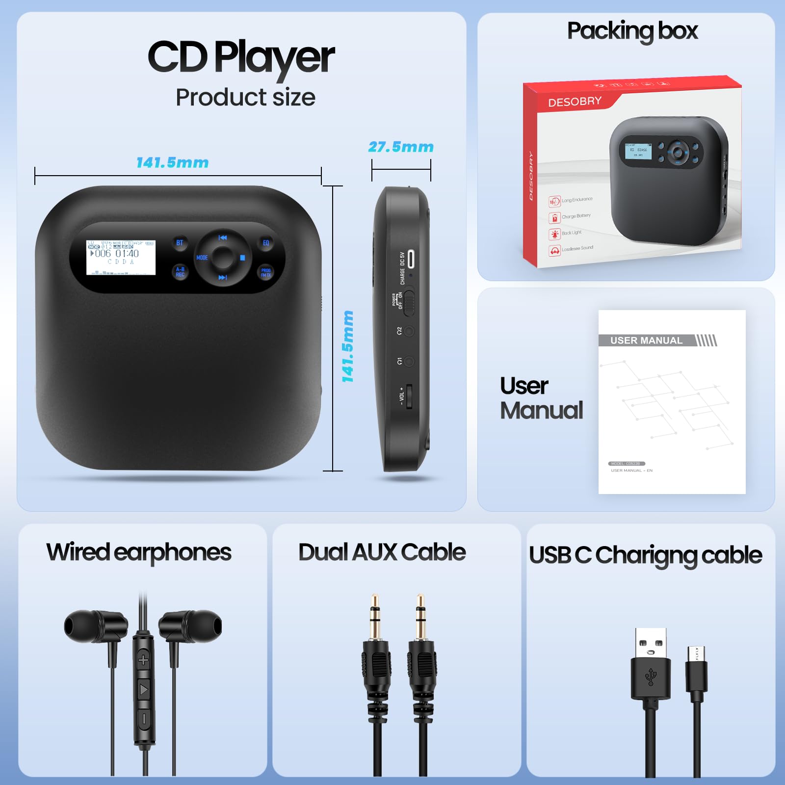 Reproductor CD Bluetooth, Reproductor de CD Recargables para Vehículos con FM,Discman CD Portatil para Dos Altavoces Estereofónicos, Anti-Skip