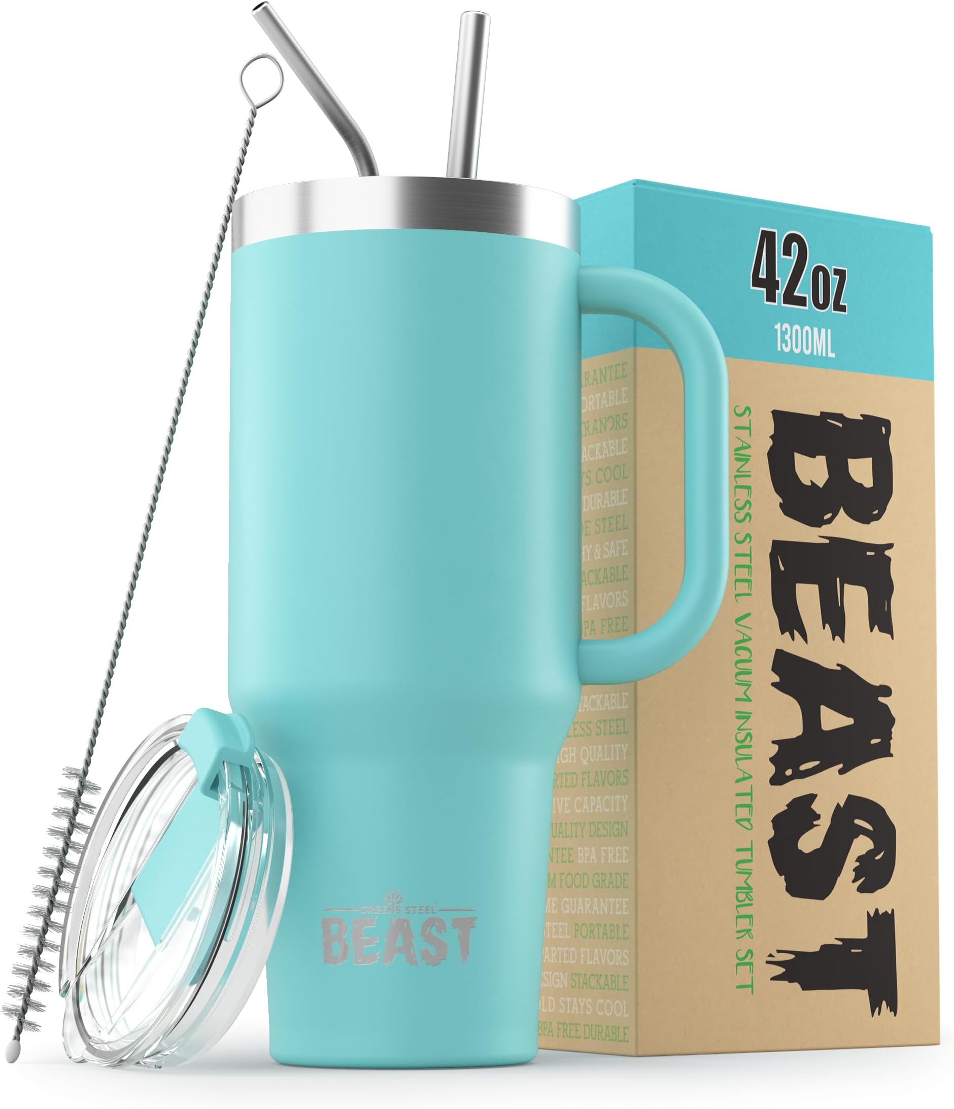 Beast 42 oz Tumbler with Handle Stainless Steel Vacuum Insulated Coffee Ice Cup Double Wall Travel Flask (Aqua Blue)
