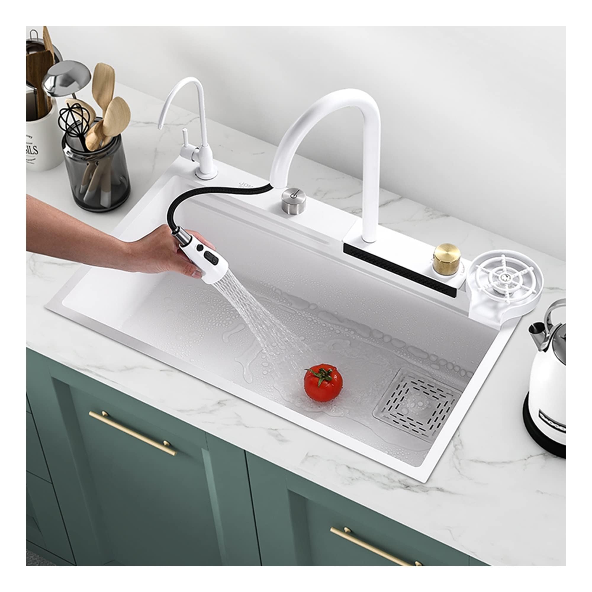 SDdPulse SUS304 Waterfall Nanometer Kitchen Sink with Pull Out Faucet - Stylish Single Bowl Stainless Steel Kitchen Sink - White, 68 x 45 x 21 cm