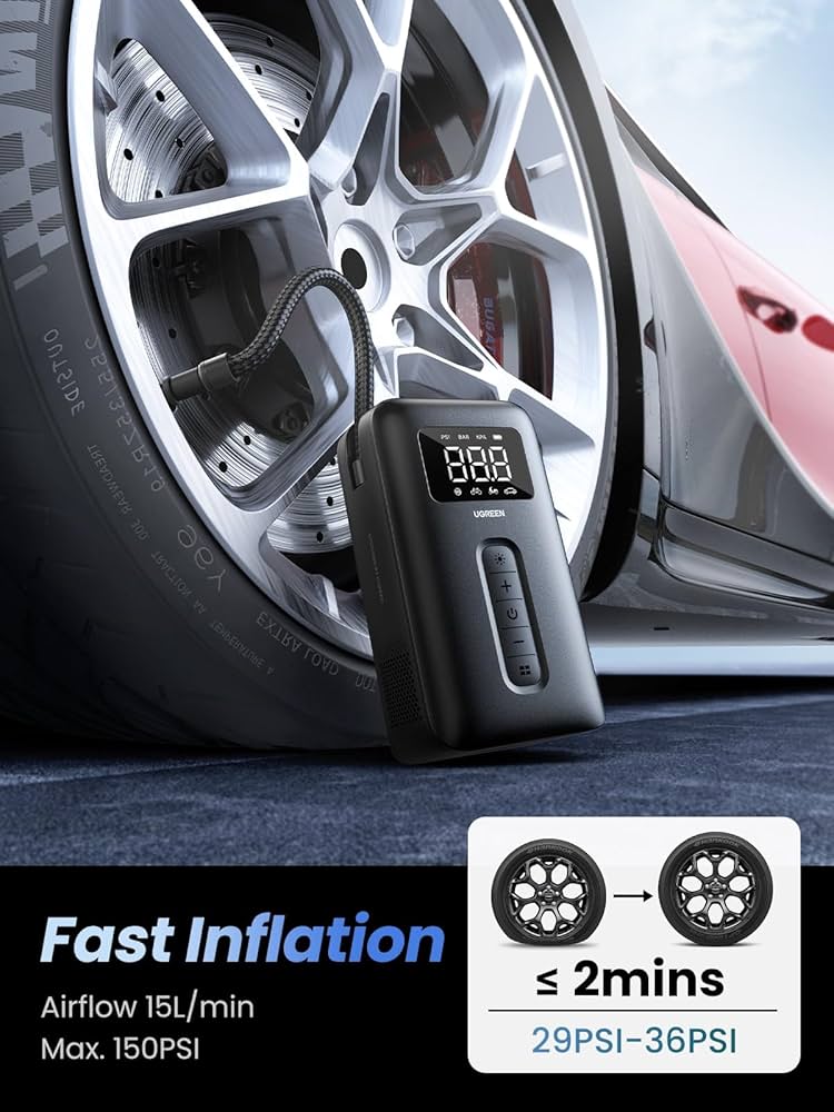 UGREEN 12V Car Air Pump 150PSI Auto Tire Inflator High Power Portable Air Compressor With Large Screen, Storage Bag For Car Truk