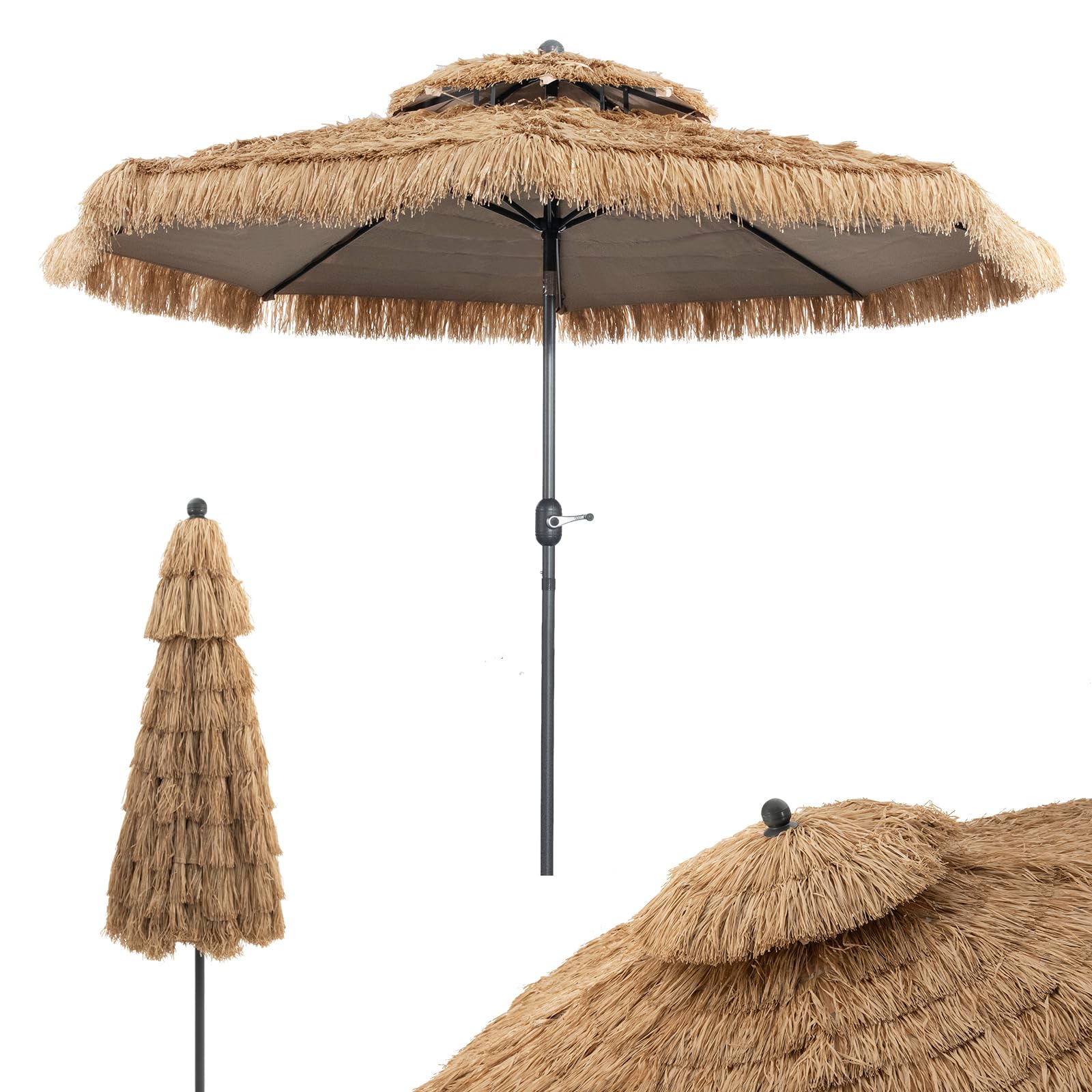 COSTWAY Sonnenschirm Hawaii 300 cm, Gartenschirm mit Kurbel, Strohschirm | Stroh Strandschirm, beidseitig um 30° knickbar, Marktschirm, Terrassenschirm für Garten, Balkon, Terrasse