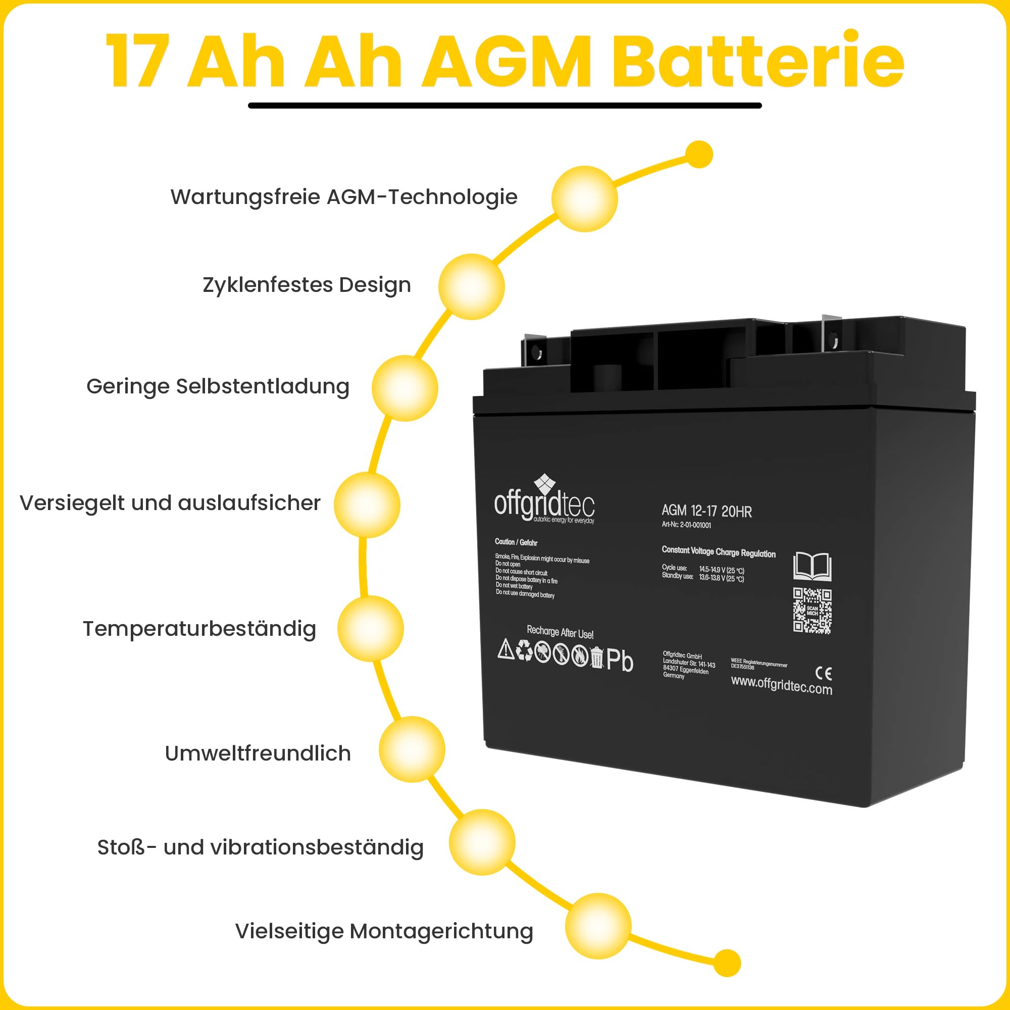 Offgridtec® Akumulator ołowiowy AGM 17Ah 12V odporny na cykle UPS zamiennik VRLA motocykl