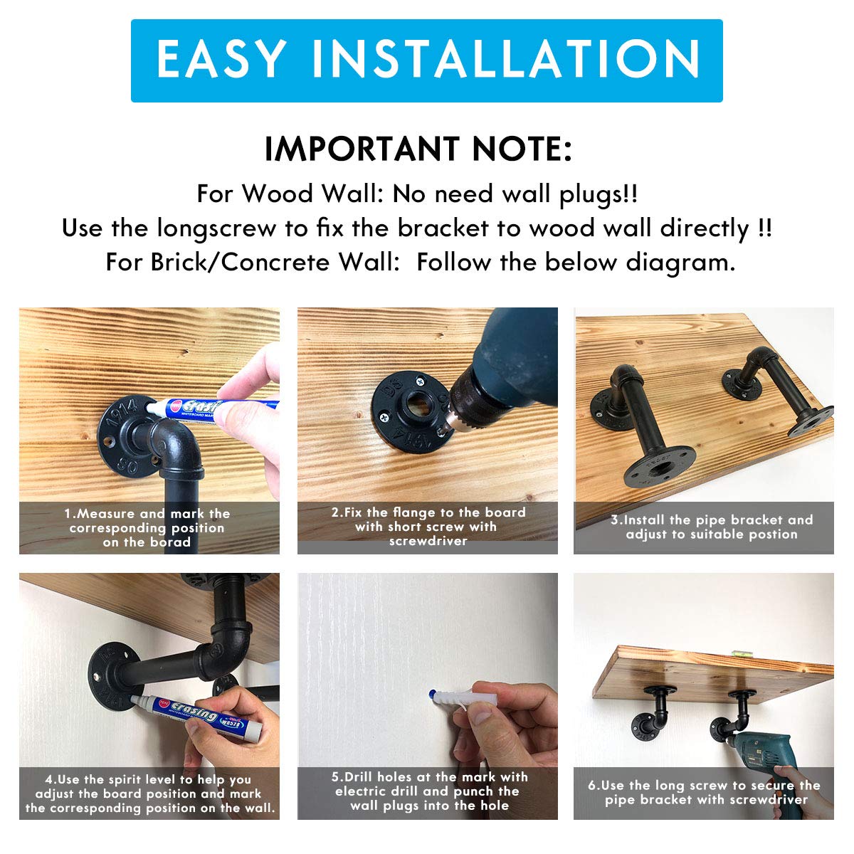 Buy Industrial Pipe Shelf Brackets for Shelves 8 10 12 Inch, Black