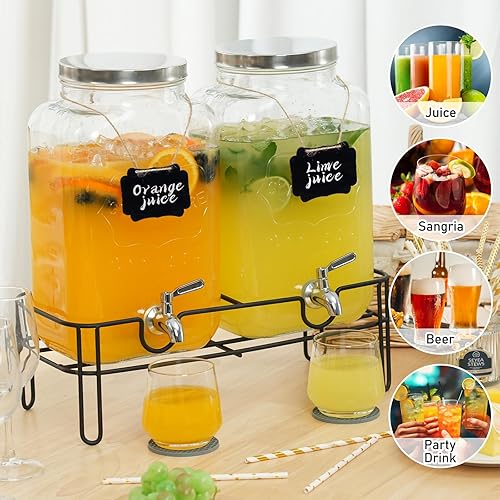 Miniatura 6 de Moretoes Dispensador de bebidas de vidrio de 2 galones para fiestas, paquete de 2 dispensadores de bebidas con soporte para jugo y té helado,