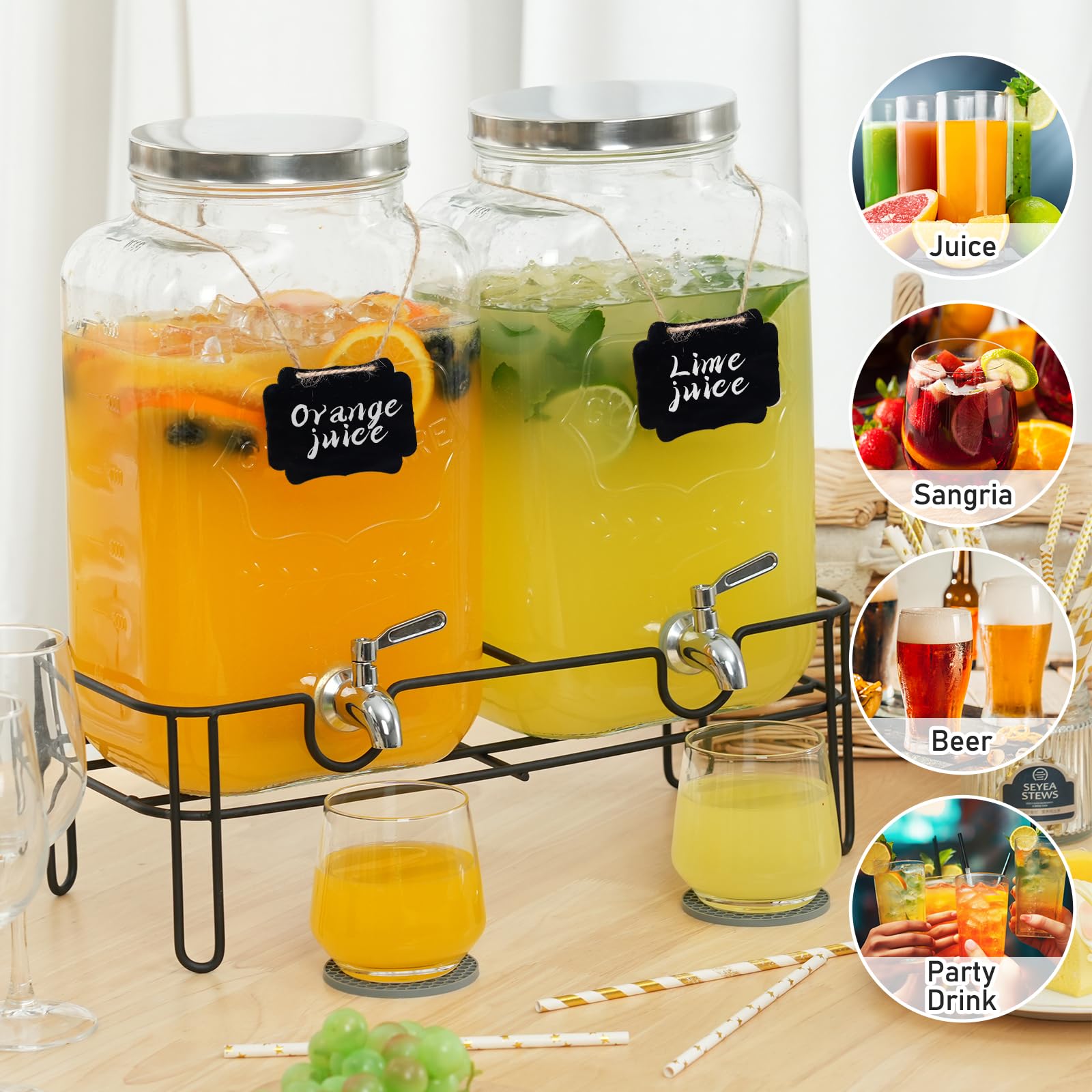 Moretoes Dispensador de bebidas de vidrio para fiestas, paquete de 2 dispensadores de bebidas de 2 galones con soporte para jugo y té helado, dispensador de jarra de agua para limonada, jarra de