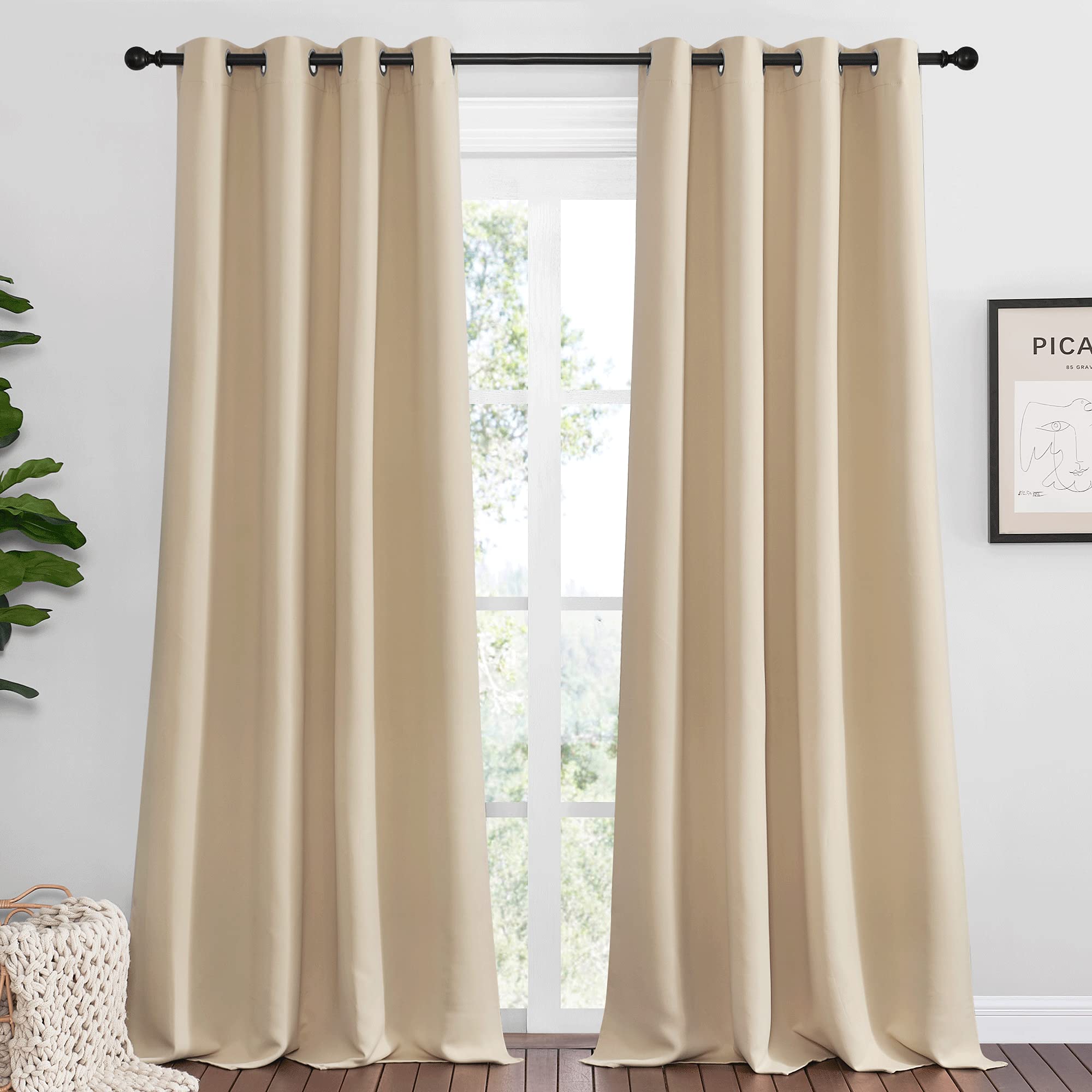 NICETOWN Bedroom Room Darkening Curtains, Biscotti Beige, 1 Pair, 55 inches by 102 Inch, Triple Weave Microfiber Grommet Top Thermal Insulated Solid Room Darkening Panels/Drapes for Kid's Room