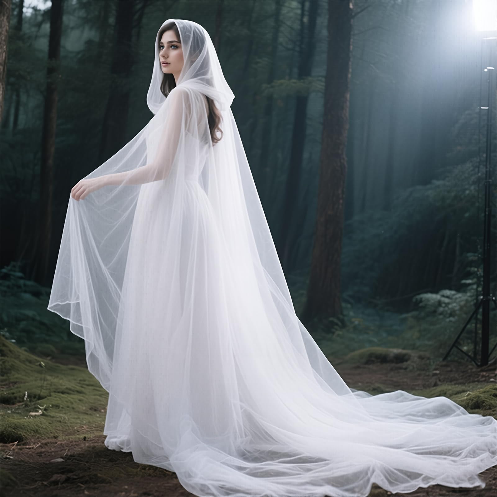 keland Tüll Umhang mit Kapuze Tüllumhang mit Schleppe für Halloween & Hochzeiten (Weiß)