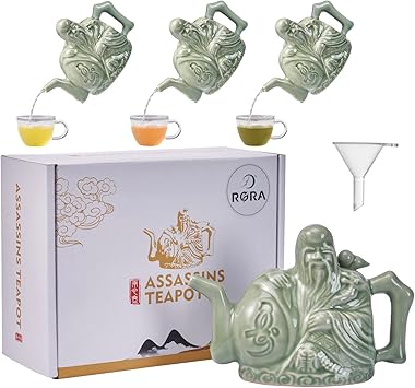 RORA Assassins Teapot Ceramic غلاية شاي سحرية مصنوعة يدويًا لثلاثة مشروبات في وعاء واحد ، وعاء شاي صيني بتصميم قلب مع قمع صغير ، 16 أونصة