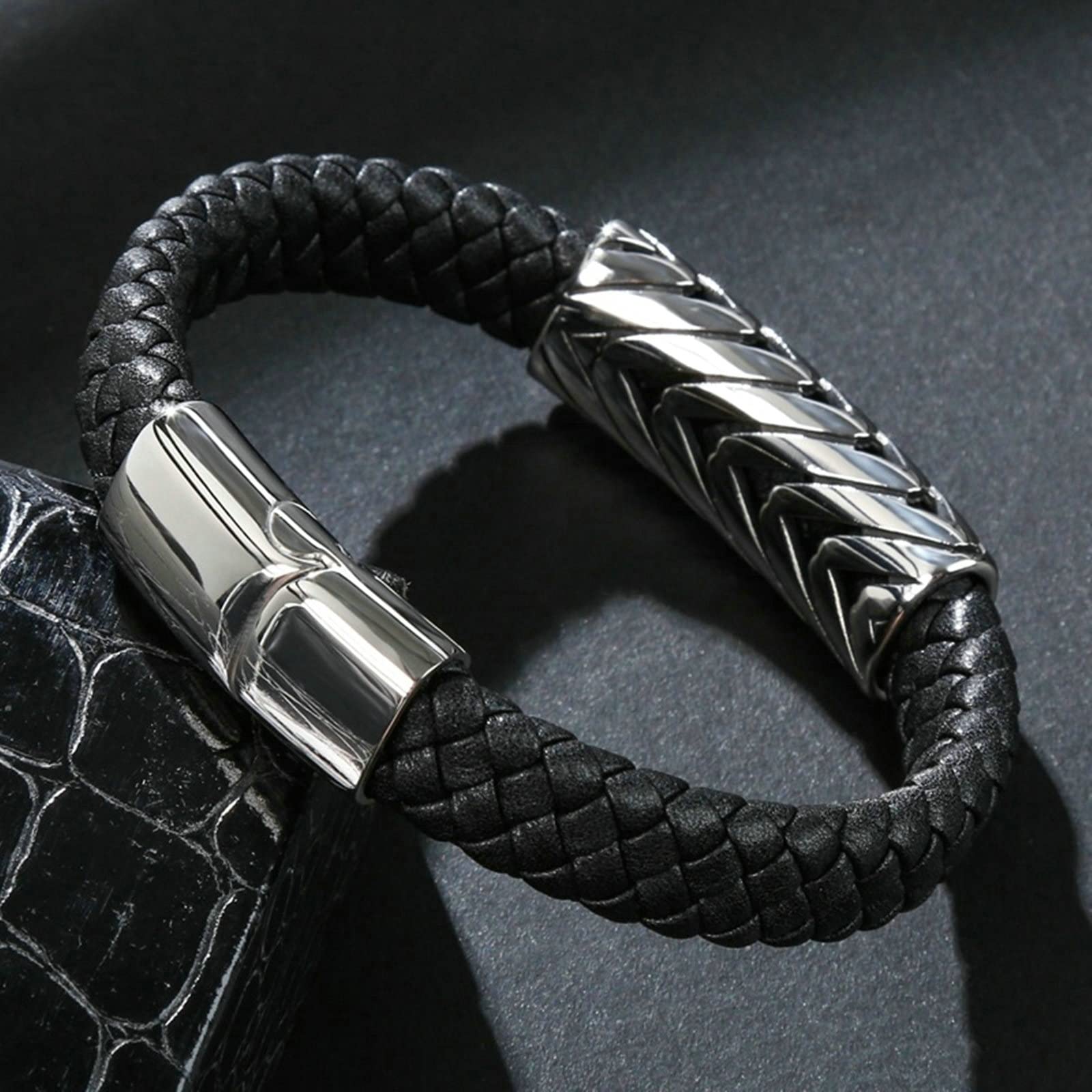 Pulsera para Hombre de Acero Inoxidable, Pulsera para Hombre, Pulsera de Cuero Trenzado con patrón de Flechas, 16,5 cm de Longitud, Pulsera Vintage, joyería