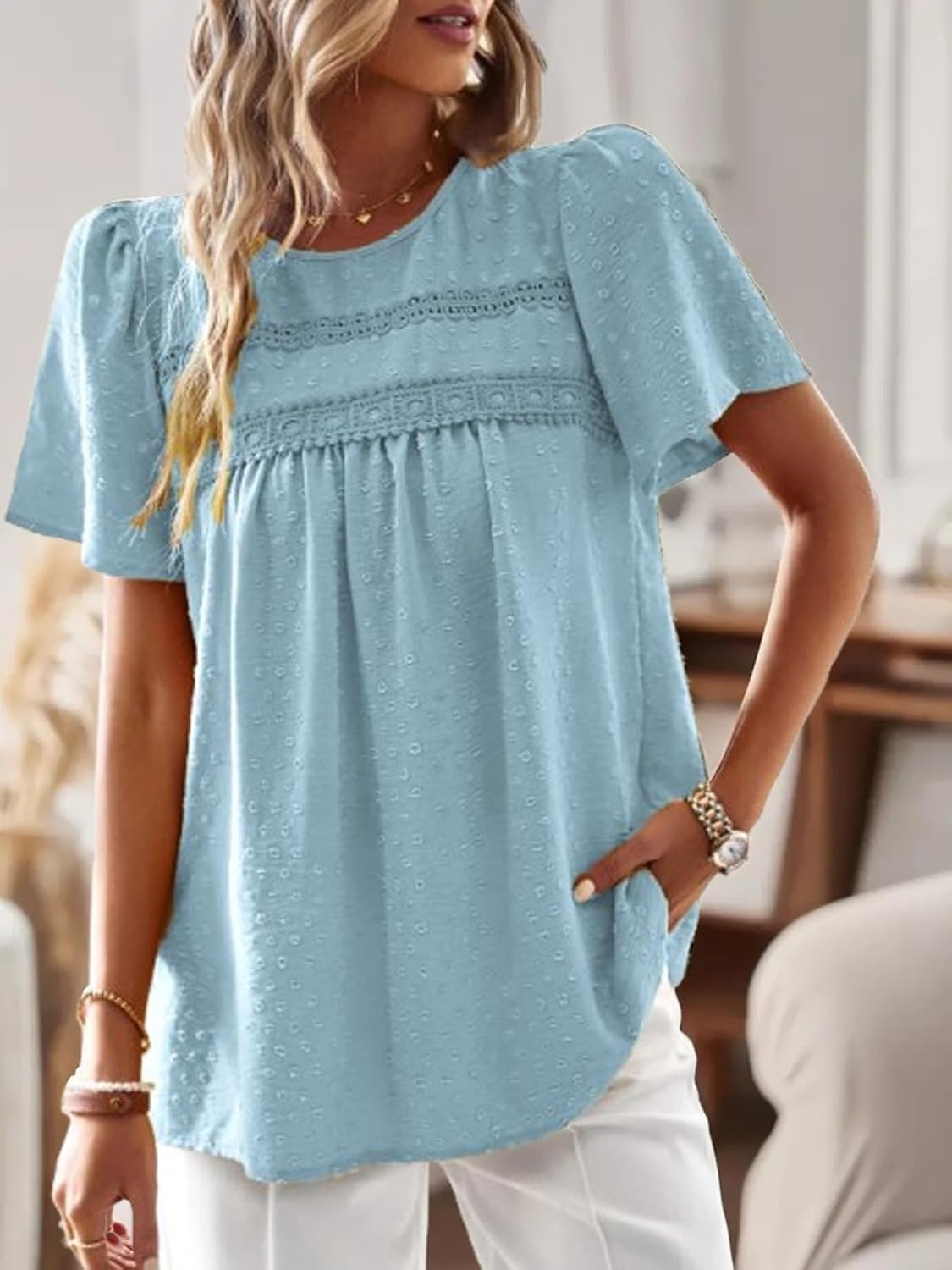 Poetsky Womens Summer Boho Tops Crewneck Short Sleeve Babydoll Shirts Casual Chiffon Work Blouses - Image 2