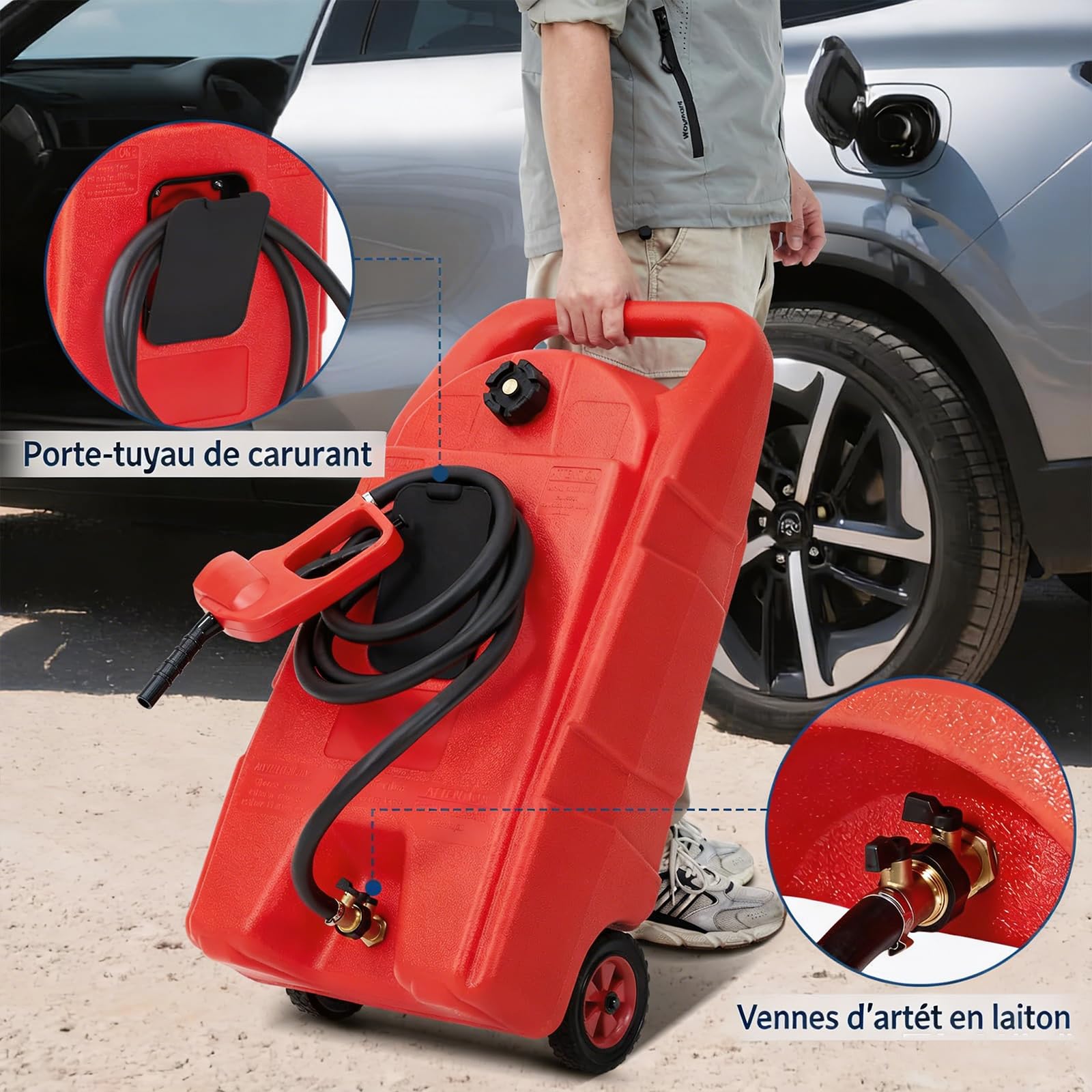 57L Réservoir Carburant Avec Roues, Jerrican Essence Avec Tuyau 3 m, Rouge