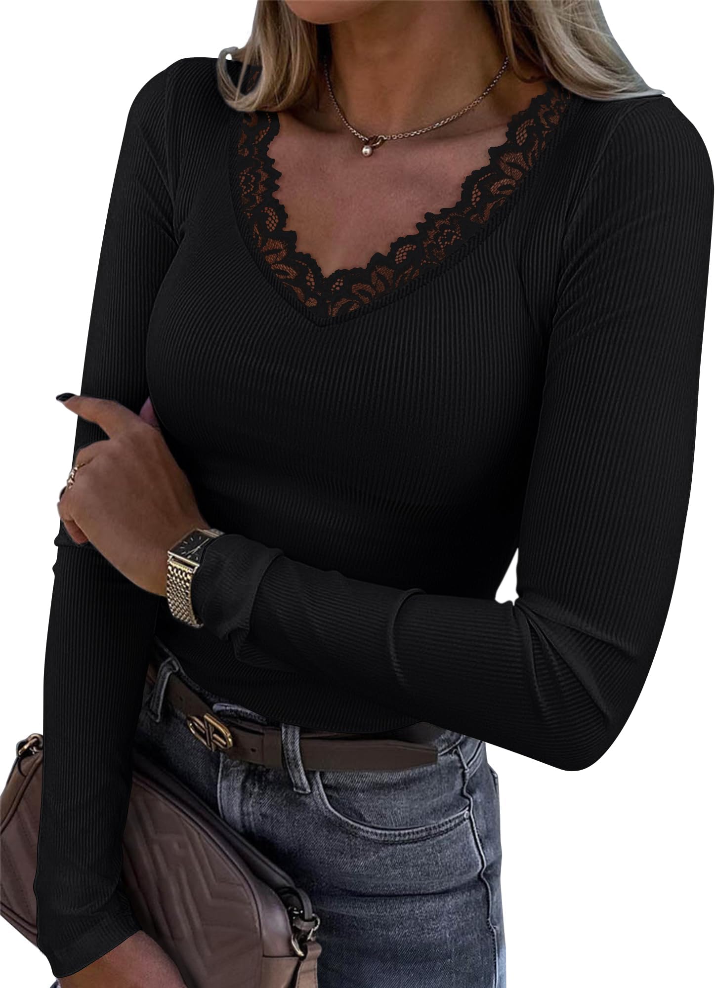 LUXVEER Long Sleeve Shirts for Women Lace V Neck Ribbed Fitted T-Shirt Dressy Business Casual Blouses 2025 Trendy Fall Tops