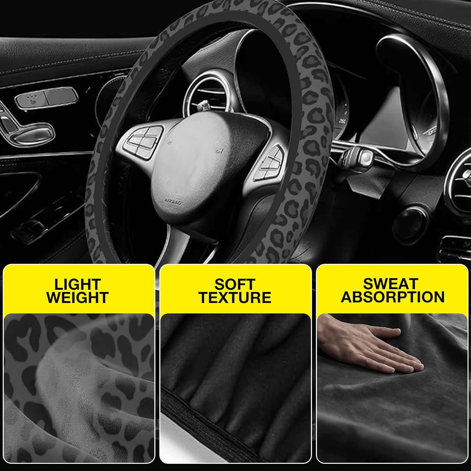 Black Leopard Print Steering Wheel Cover for Women, Universal Fit 14.5-15 Inch with Non-Slip Grip and Thermal Control, Includes 2 Ceramic Absorbent Cup Coasters, Compatible with Cars, SUVs, Trucks. - Image 3