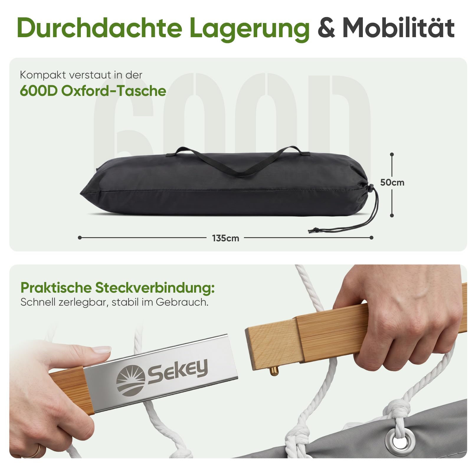Sekey XXL Hängematte ohne Gestell für 2 Personen, 140 x 200 cm Gesteppte Doppelhängematte, bis 200 kg belastbar, inklusive Nackenkissen & Tragetasche, Stabhängematte für Garten Balkon Terrasse, Grau