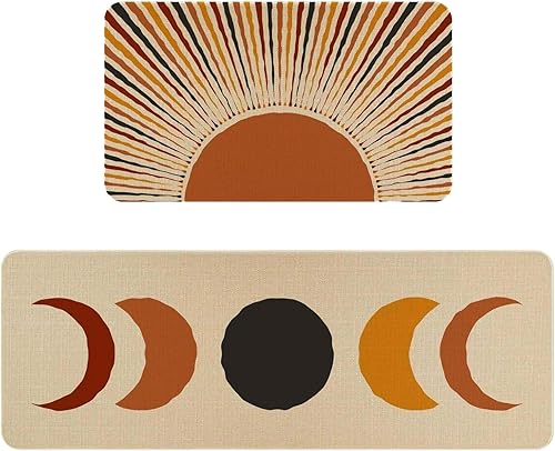 Sun&Moon - Juego de 2 alfombras de cocina estilo bohemio, tapetes de cocina estilo granja para piso, tapetes lavables para fregadero de cocina,