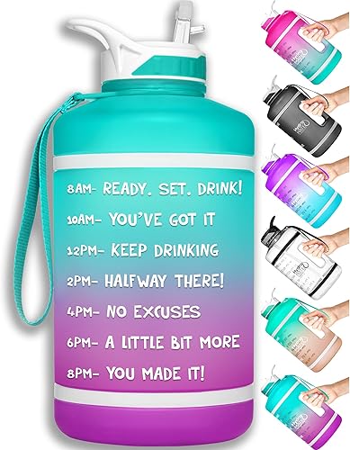 HydroMATE - Botella de agua motivacional con pajita y asa con marcador de horarios, tamaño grande, medio galón (64 onzas) de capacidad,