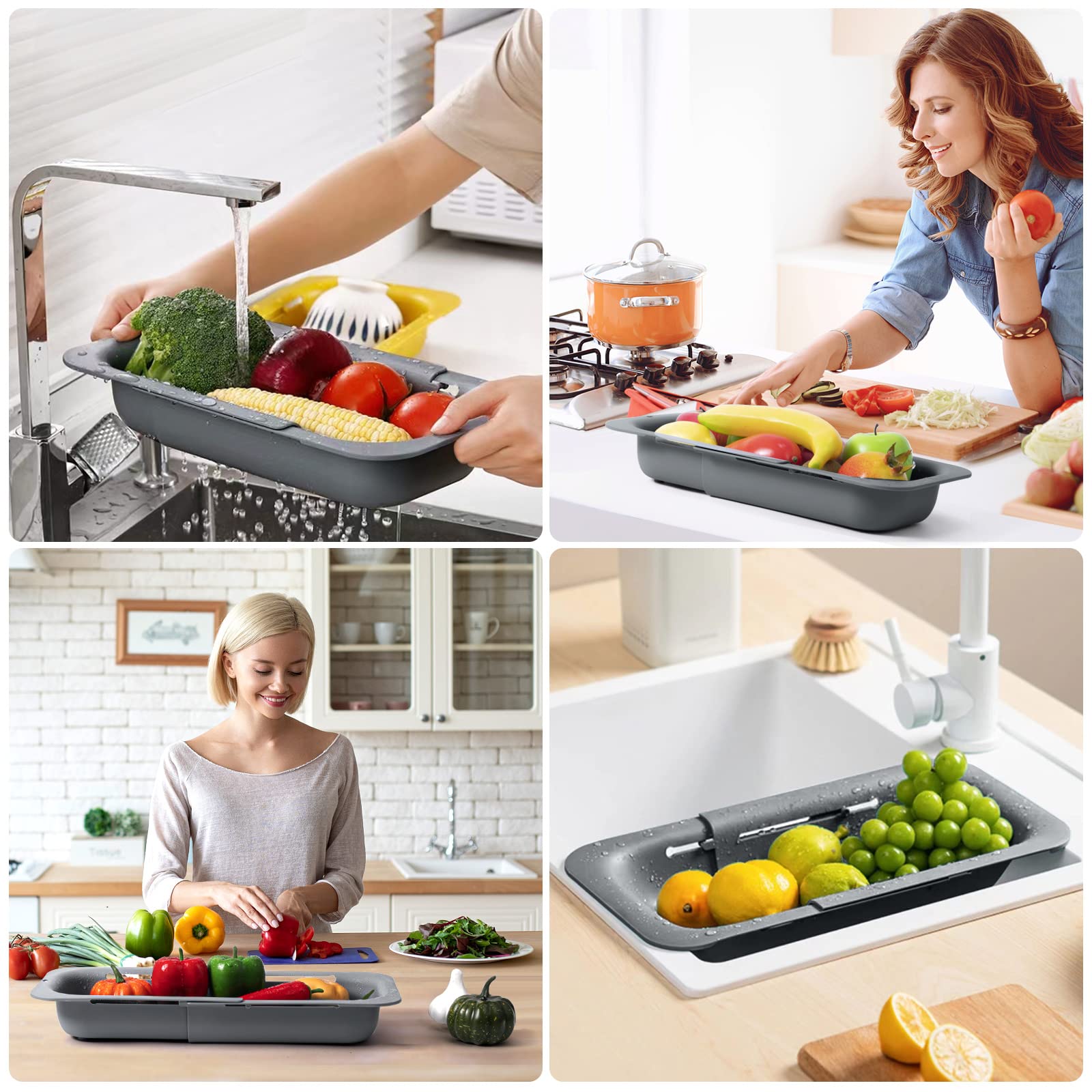 MumdoYAL Colador de Fregadero expandible - Material PP Apto para Alimentos - Orificios de Drenaje eficientes - Soporte de Secado rápido para vajilla - Fácil de Limpiar y Duradero. (Gris Oscuro)