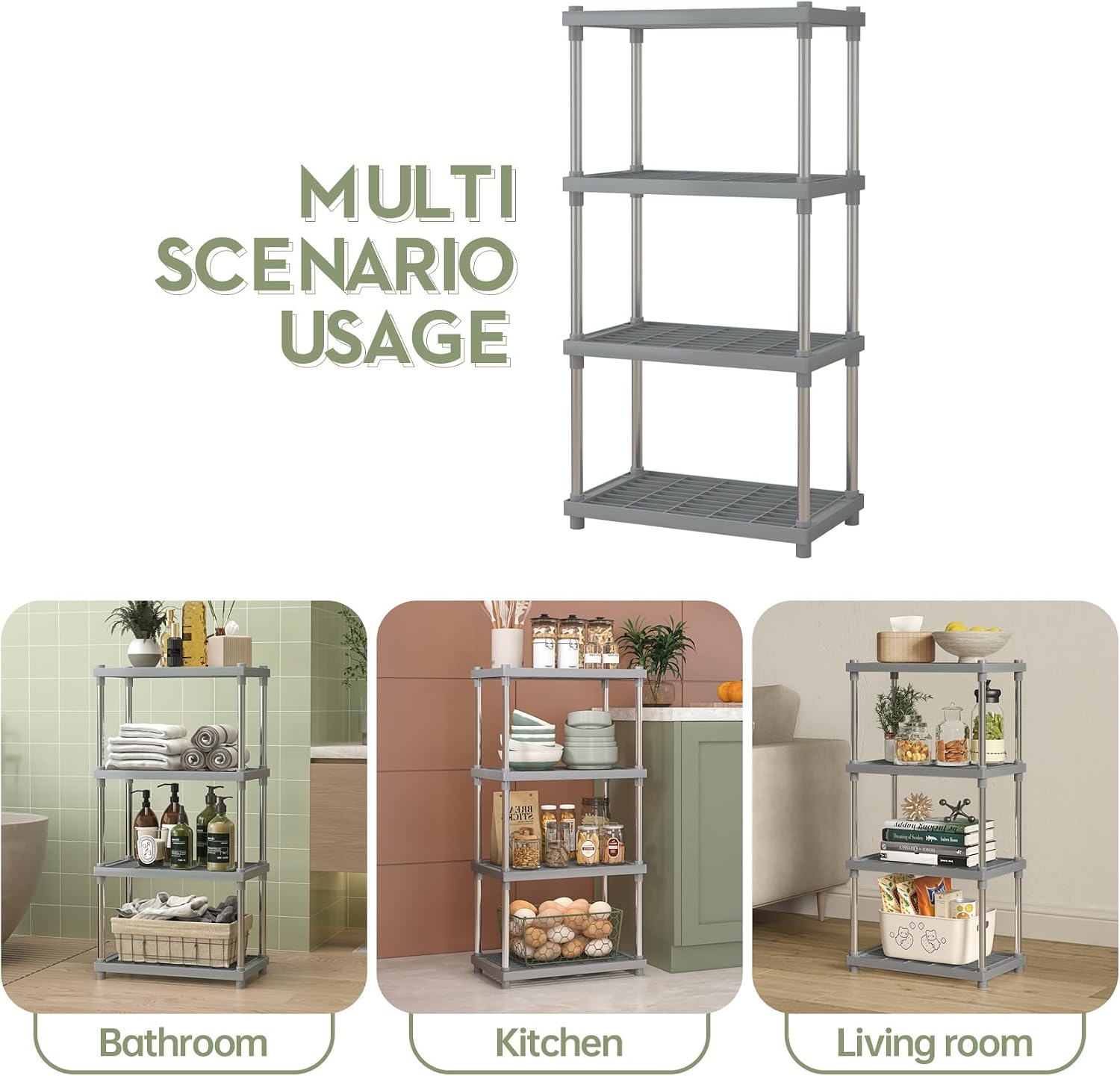 4 Tier Gray Plastic and Metal Standing Shelf Units, Durable Storage Shelves Rack Open Shelving for Pantry Kitchen Bathroom,13MM Steel Tubes