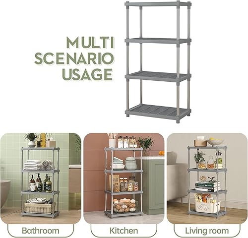 Miniatura 7 de Estantes de plástico y metal gris de 4 niveles, estantes de almacenamiento duraderos, estantes abiertos para despensa, cocina, baño, tubos de acero