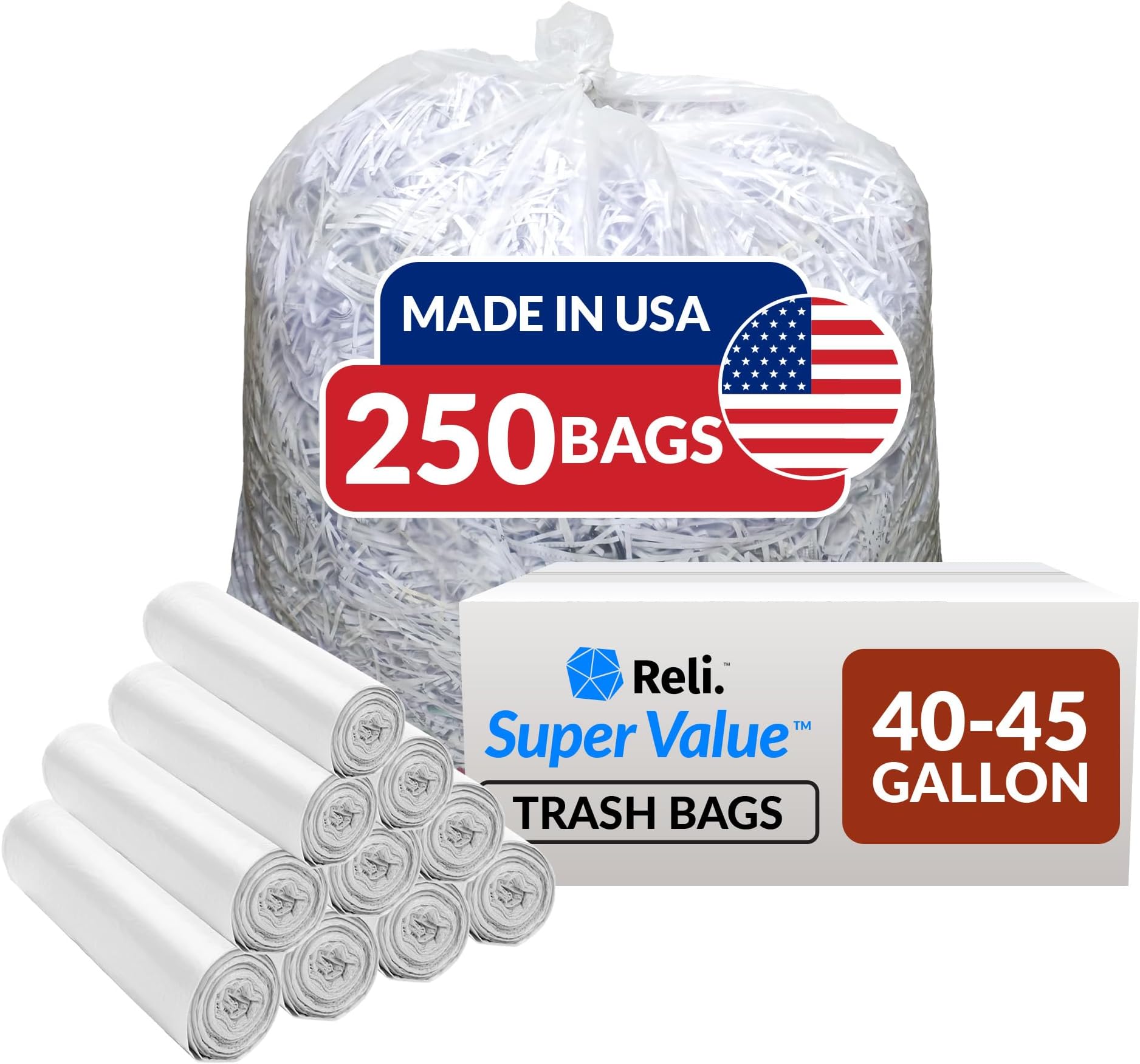 Reli. 40 to 45 Gallon Trash Bags Heavy Duty | 250 Trash Bags | Super Sizeable, Clear, Garbage for Serious Cleanup