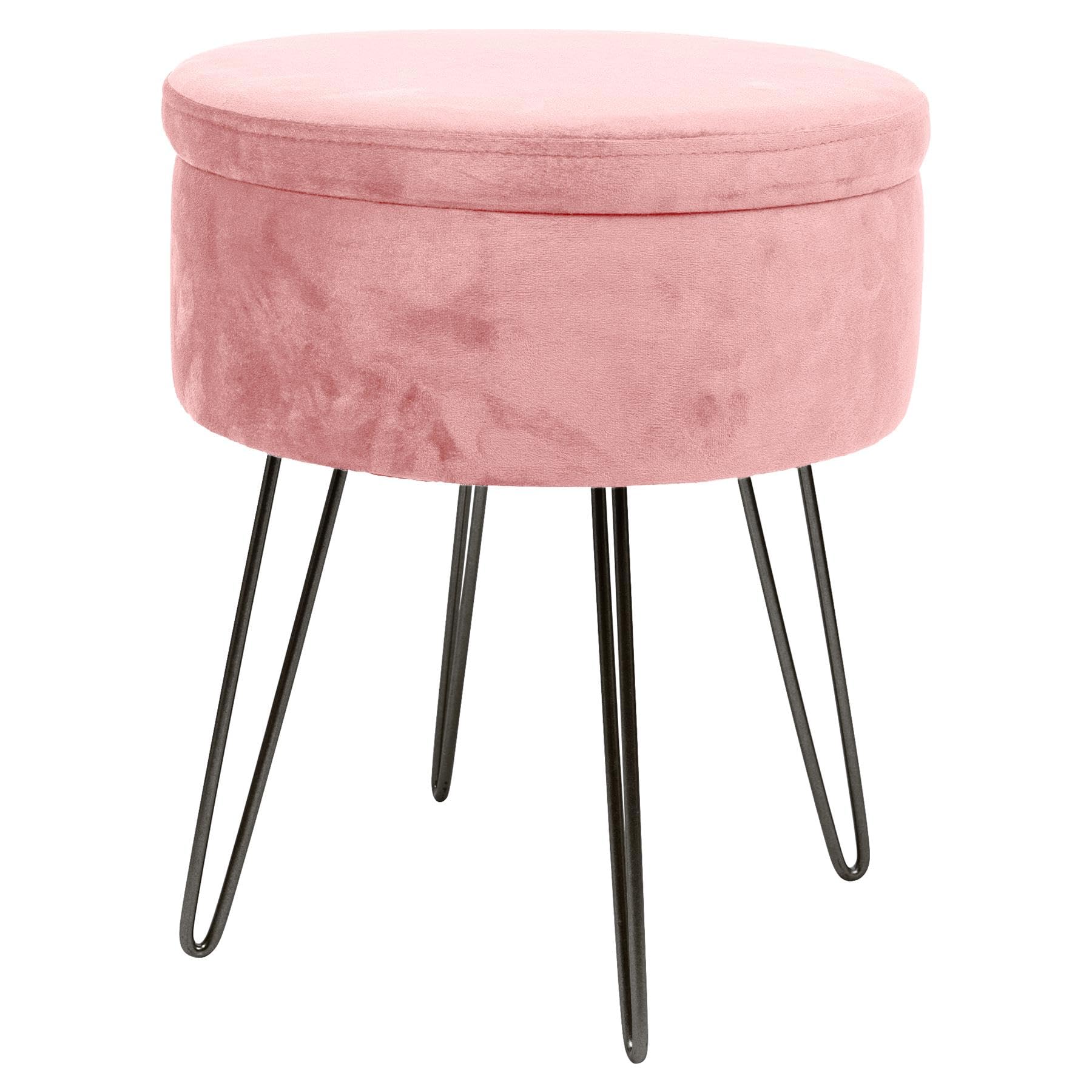 Harbour Housewares Velvet Round Foot Stool with Storage - Pink with Black Legs - Modern Dressing Table Pouffe Footstool Vanity Seats Vanity Chairs Footstools for Living Room, Bedroom