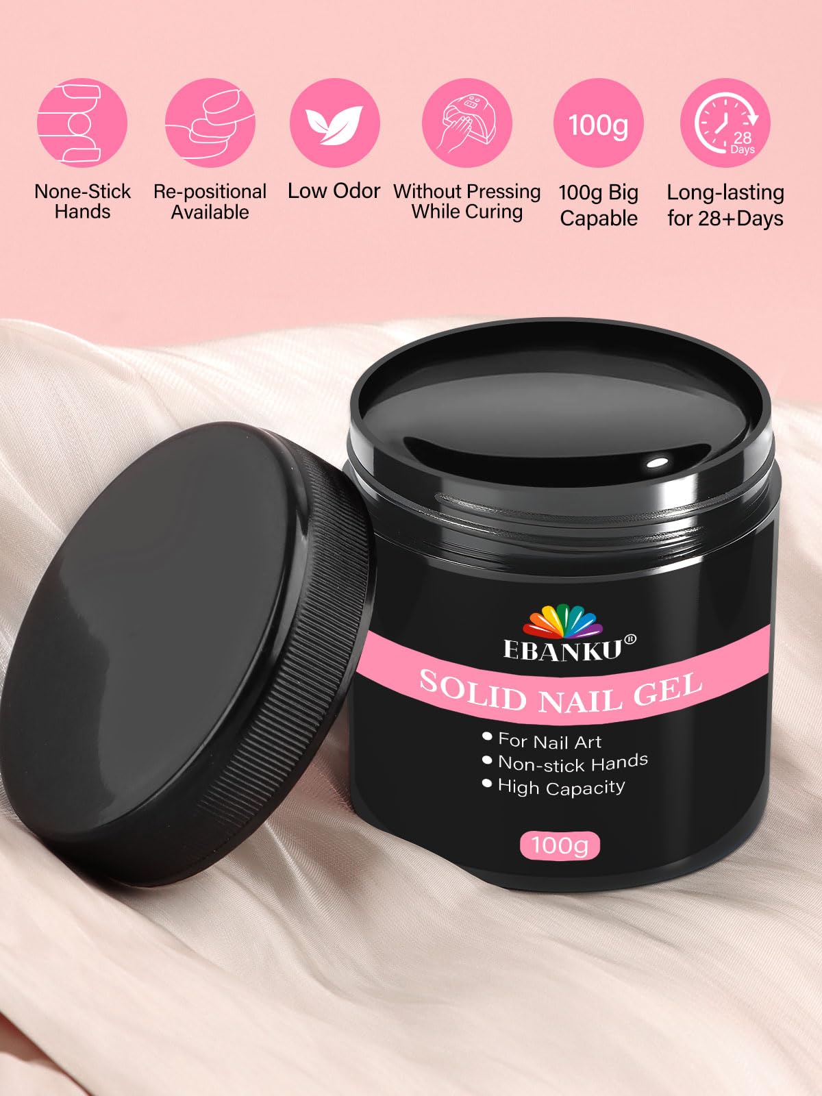 100g Colle gel solide, EBANKU 3 en 1 ultra-forte pour ongles pressés, ongles acryliques et nail art 3D, sans résidus, nécessite une polymérisation UV/LED pour un fini durable