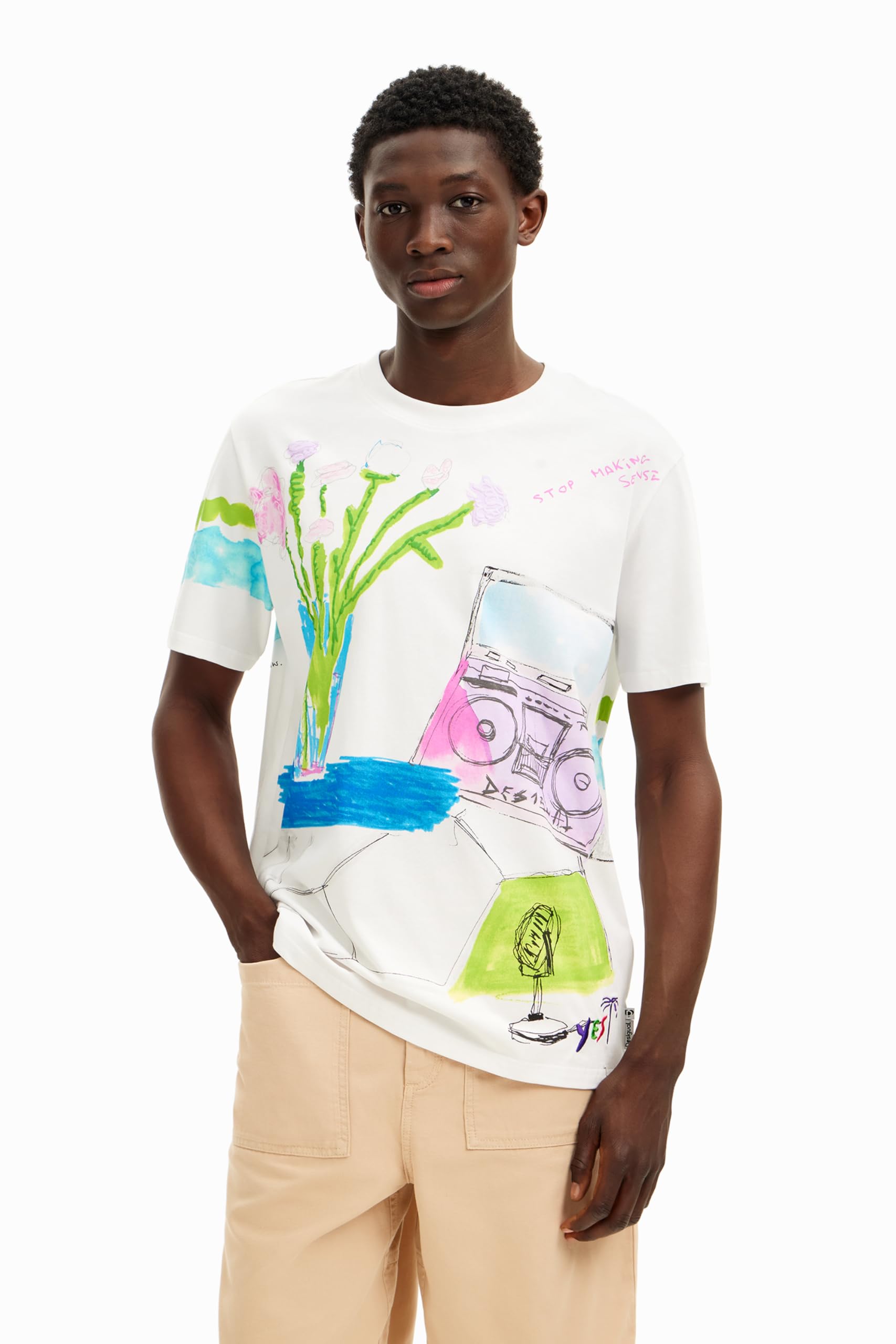 Desigual Camiseta de Manga Corta de Punto para Hombre, Blanco, XL