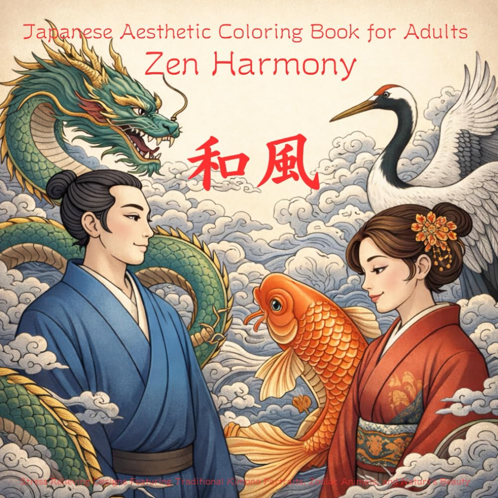 Zen Harmony: Japanese Aesthetic Coloring Book for Adults: Stress Relieving Designs Featuring Traditional Kimono Portraits, Zodiac Animals, and Nature's Beauty