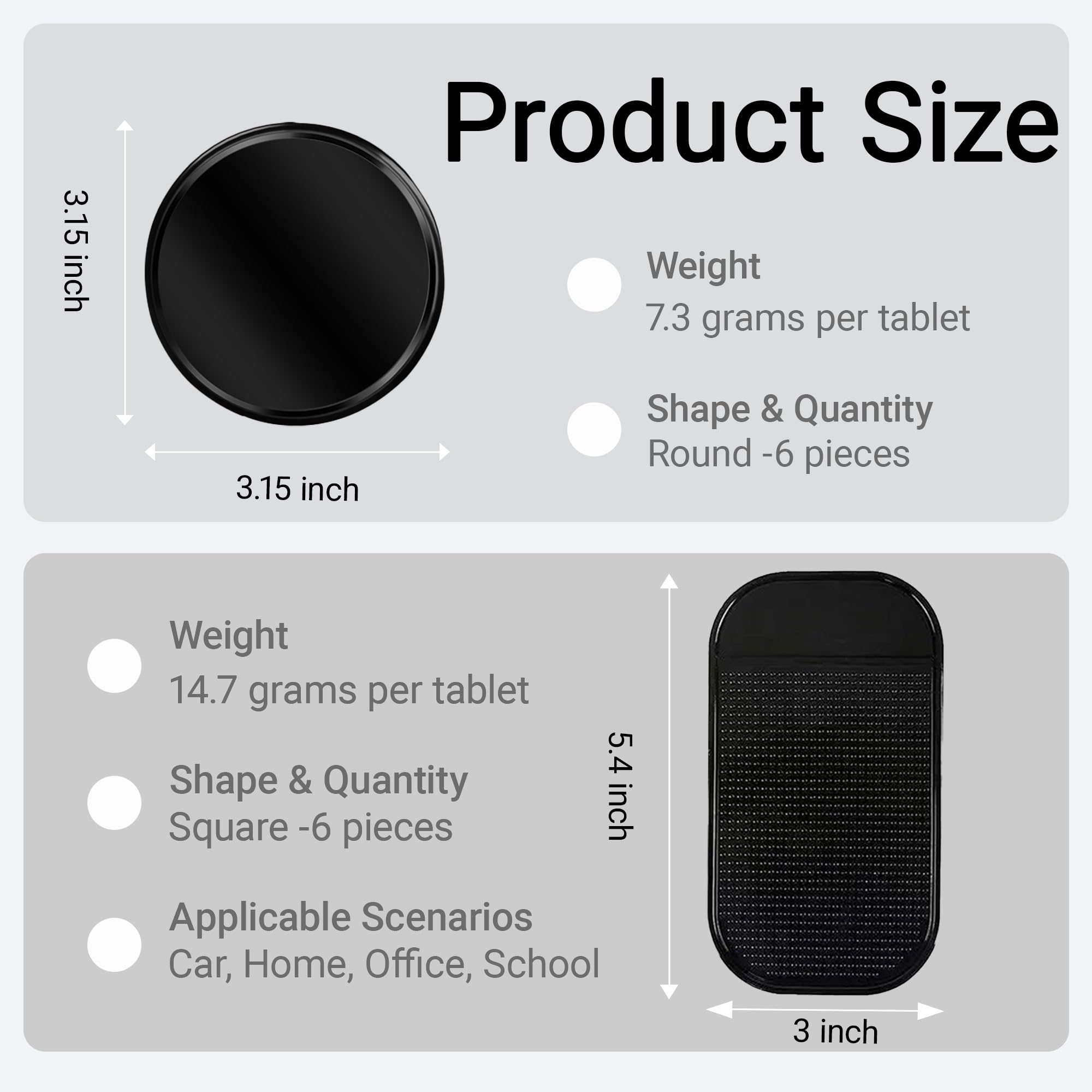 12-Pack Anti-Slip Dashboard Mats for Car - 6 Rectangular & 6 Circular Rubber Pads for Phones, Sunglasses, Keys - Heat Resistant & Reusable Car Grip Mat (Black)