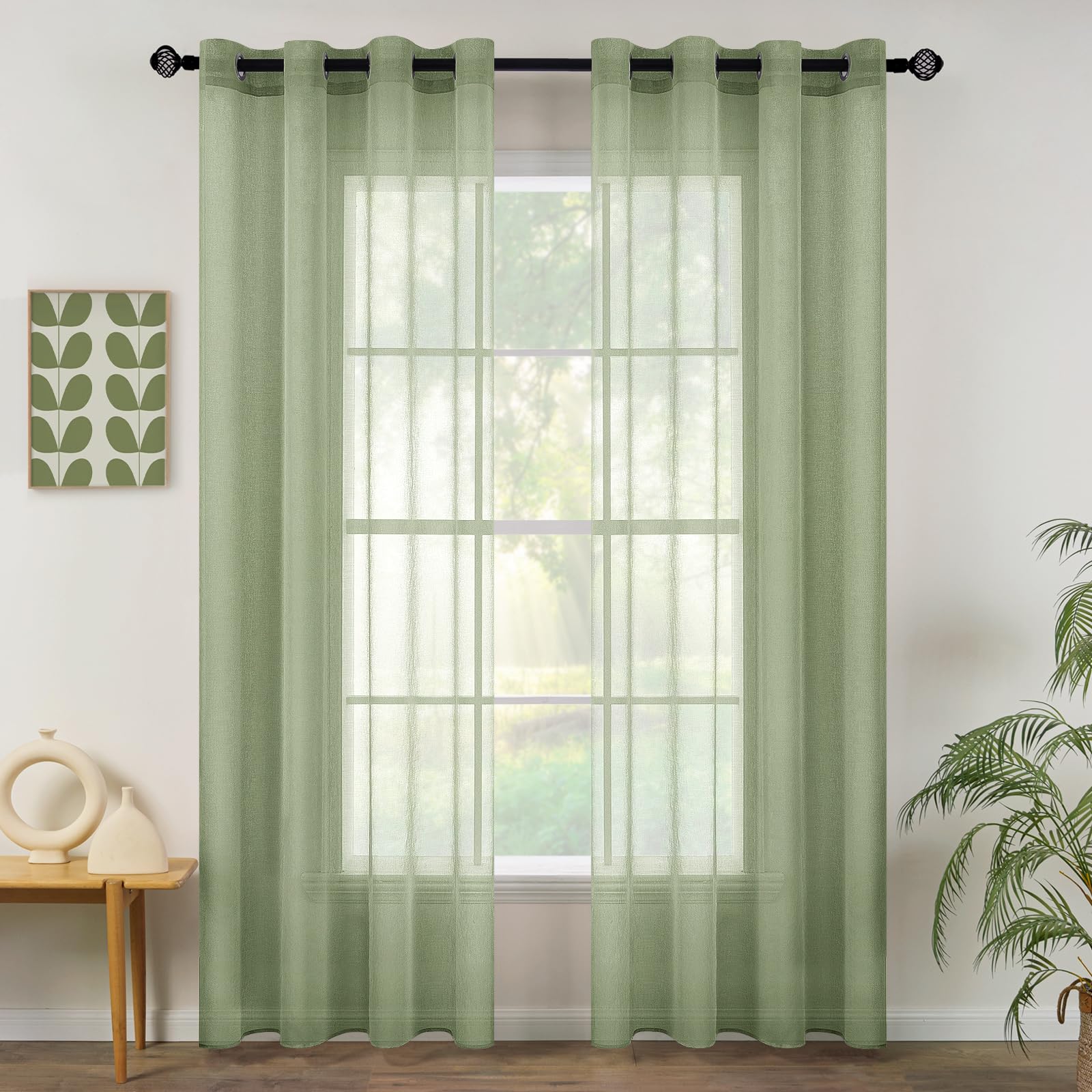 MIULEE Set van 2 doorschijnende voile-gordijnen met ogen, transparante look, gordijnen met ogen, transparant, doorzichtig, voor slaapkamer en woonkamer, 140 x 215 cm (b x h), 2-delig, saliegroen