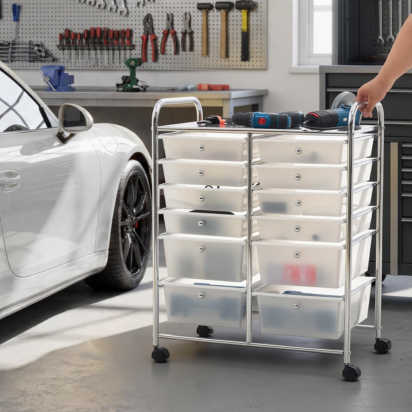 VEVOR Carrello con Cassetti Organizer a Doppia Fila con 12 Cassetti e Ruote, Carrello Portaoggetti, Telaio in Acciaio Cromato, Ruote Girevoli a 360° con 2 Freni, Ideale per Ufficio, Garage e Studio