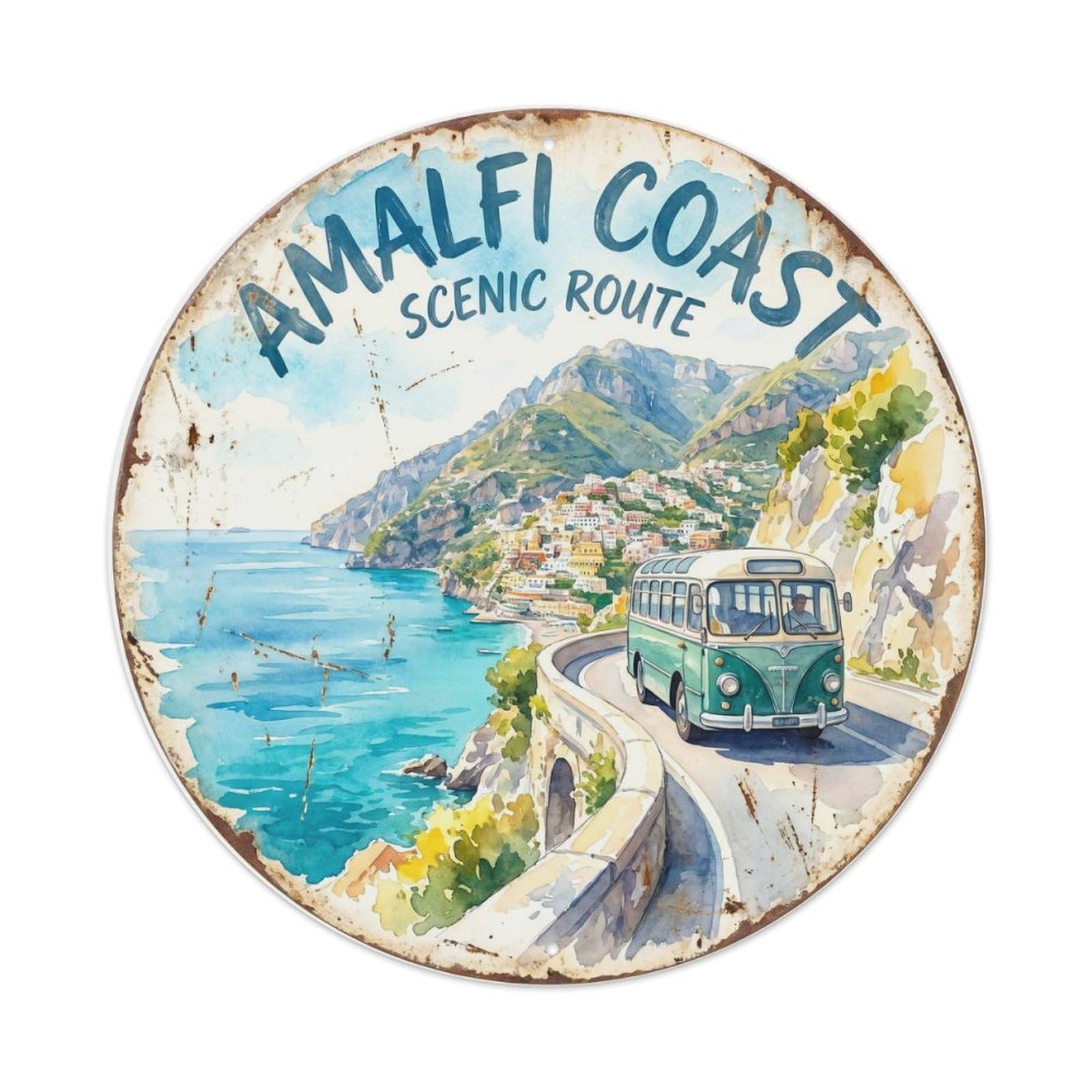 Vintage Travel Coastal Bus Italy Metal Tin Sign